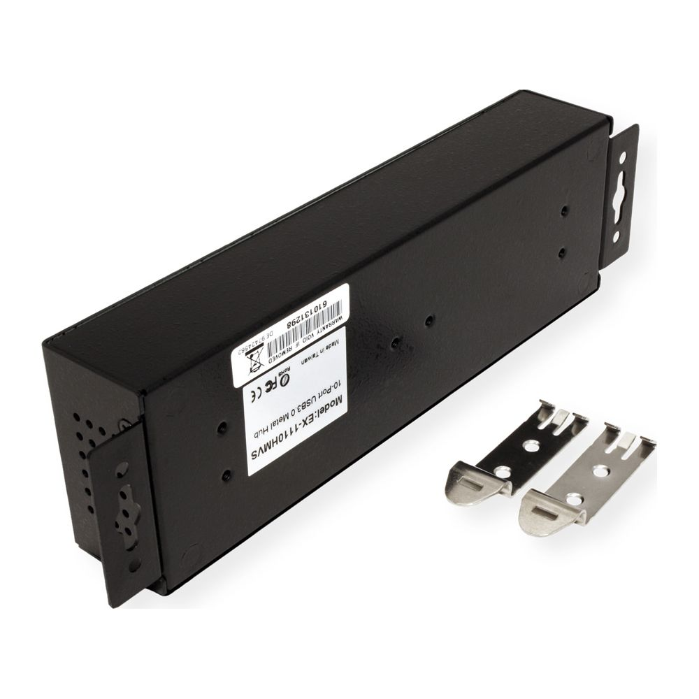 Schwarzer 10-Port USB 3.0 Metall-Hub mit zwei Halterungen.