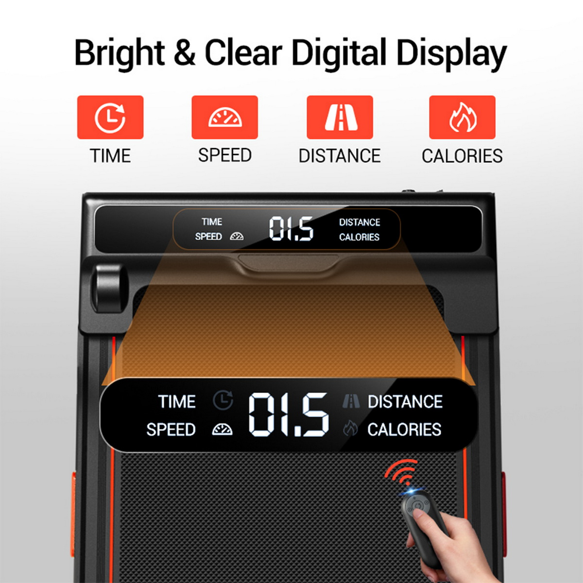 Pantalla digital brillante y clara muestra tiempo, velocidad, distancia y calorías.