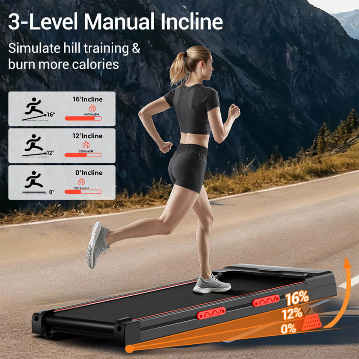 Mujer corriendo en una cinta con 3 niveles de inclinación: 16°, 12° y 0°.