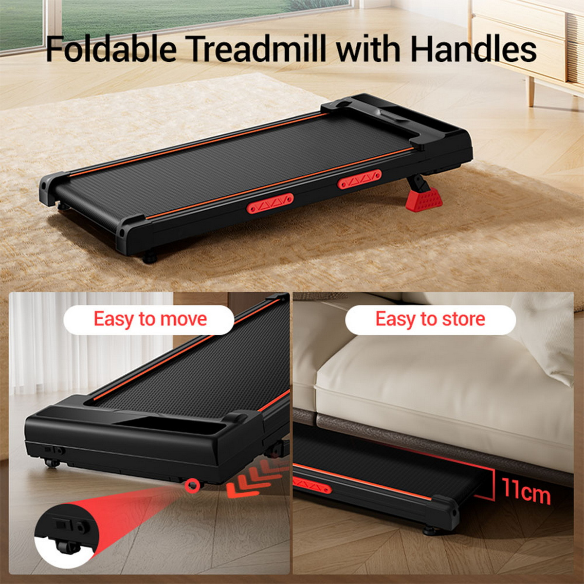 Cinta de correr negra compacta con detalles rojos, fácil de mover y guardar.