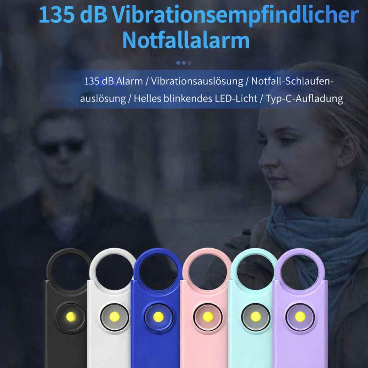 Fünf bunte Notfallalarme mit Kreis und gelbem Licht, vor unscharfen Personen.