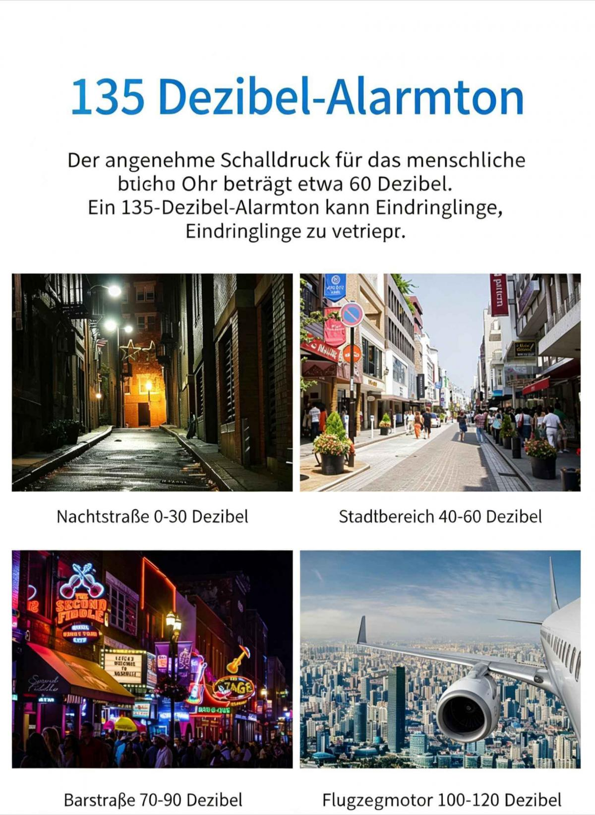 Vier Bilder: Nachtstraße, Stadt, Bar, Flugzeugmotor mit Stadt.