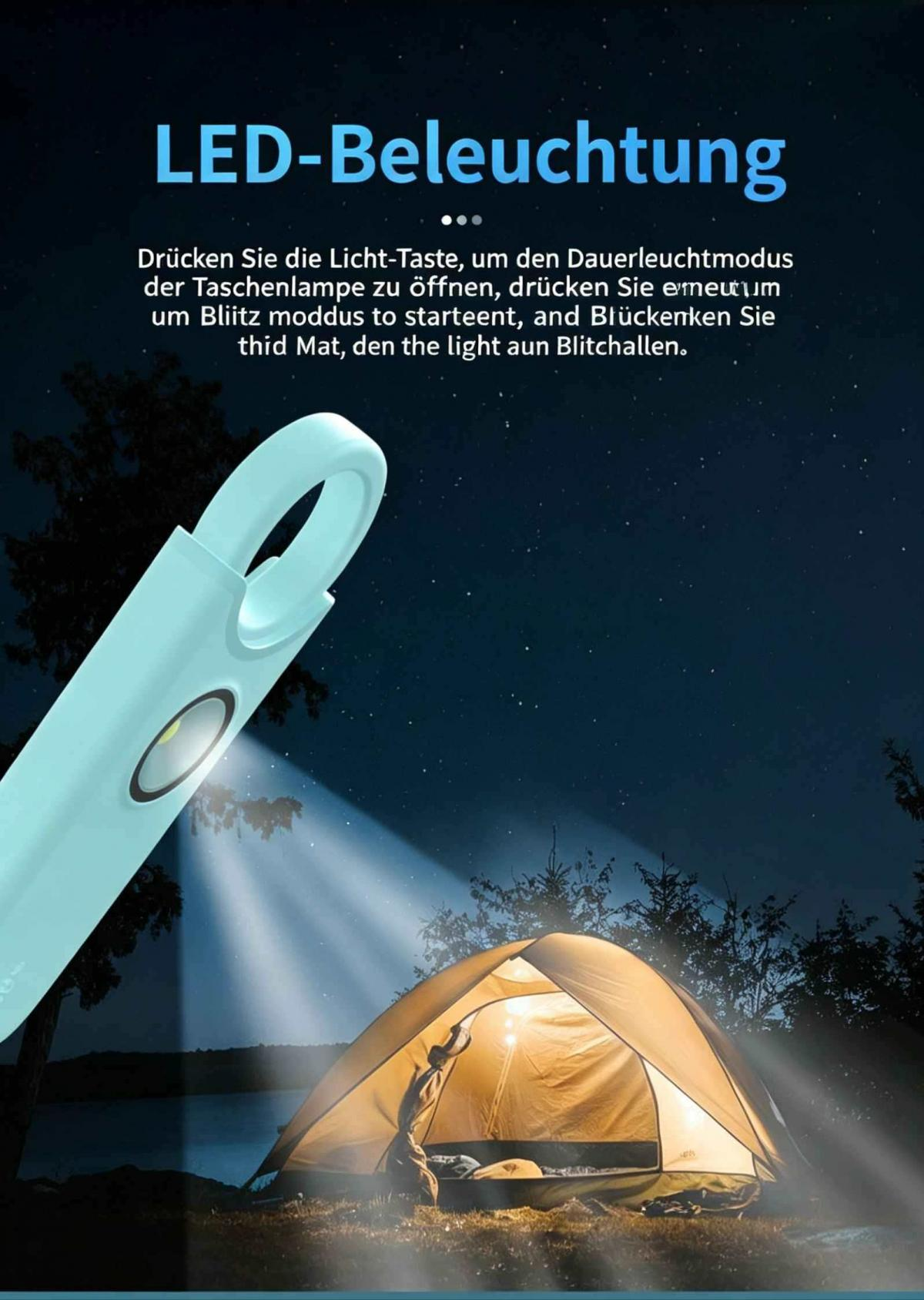 Eine hellblaue Taschenlampe beleuchtet ein gelbes Zelt bei Nacht.