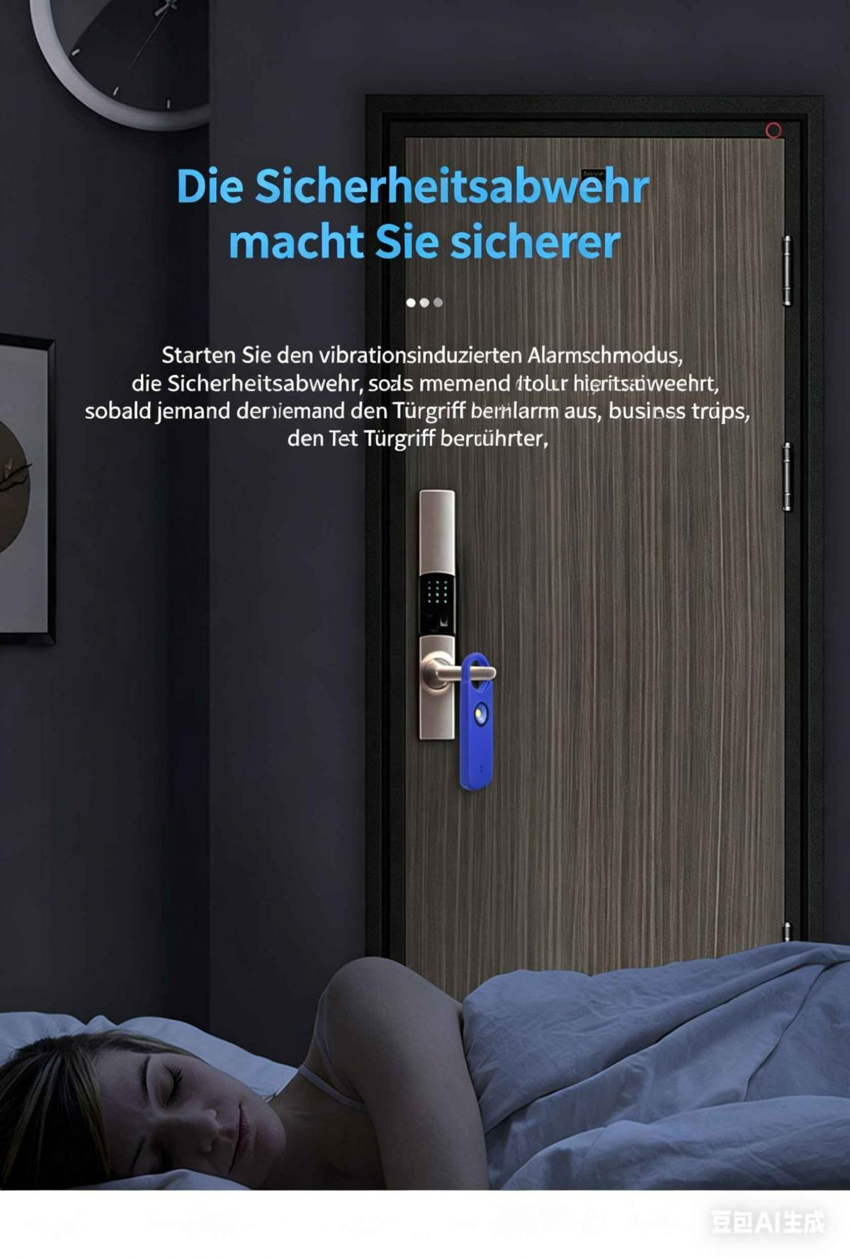 Frau schläft im Bett, während ein digitaler Türgriff mit blauem Anhänger gesichert ist.