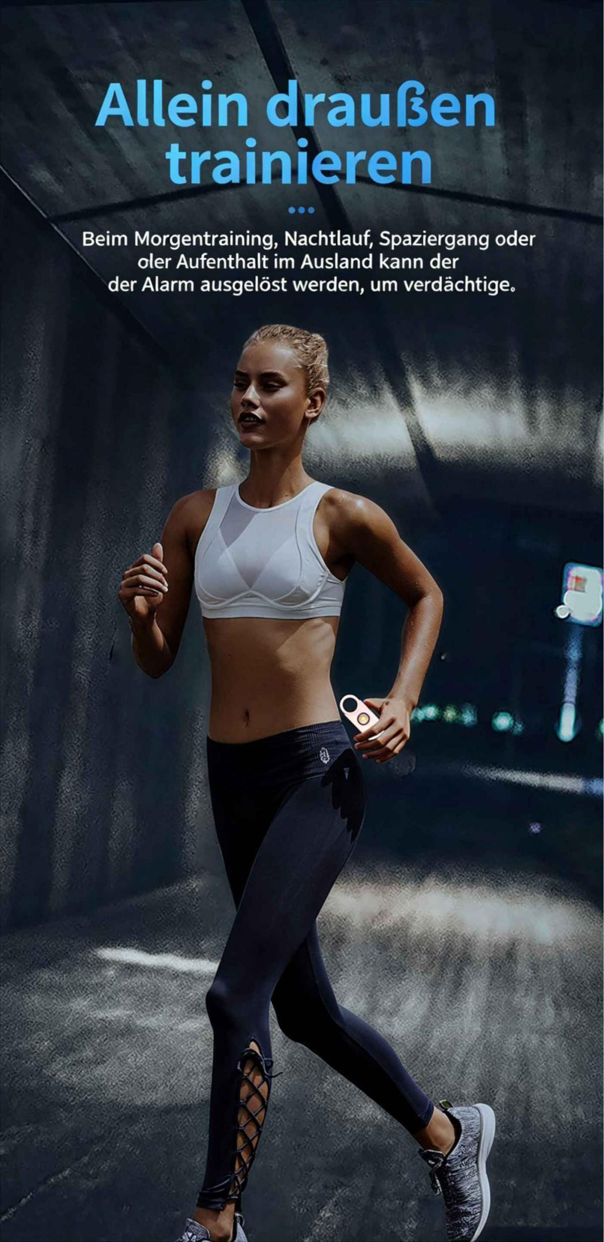 Eine Frau in Sportkleidung läuft, hält einen Alarm in der Hand.