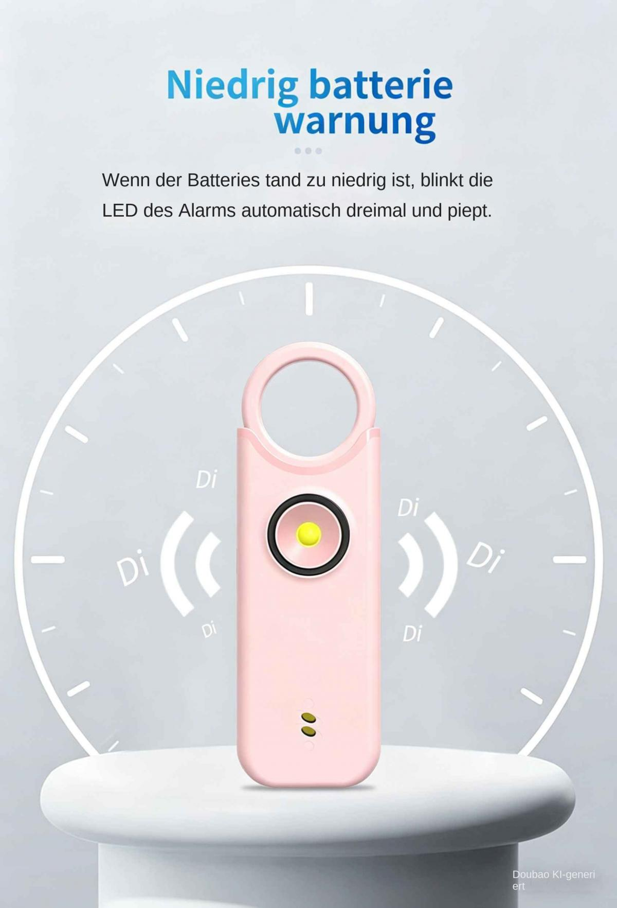 Ein rosafarbener Alarmanhänger mit gelbem Knopf vor einem Zifferblatt.