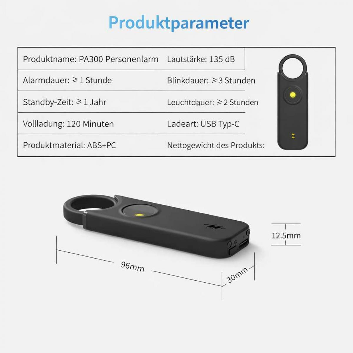 Ein schwarzer Personenalarm mit technischen Daten und Maßen.