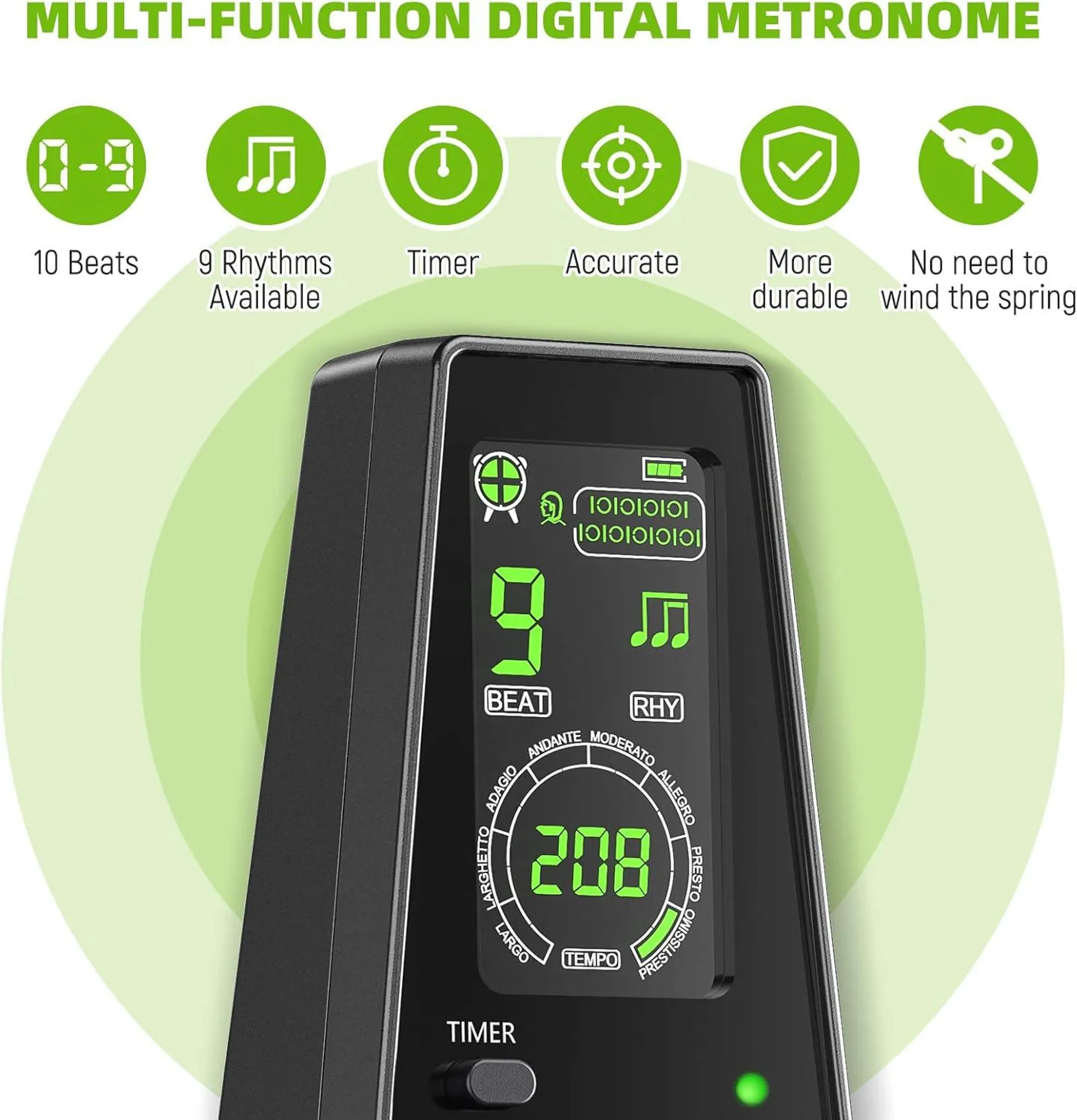 Digitales Metronom mit Anzeige von 208 BPM, Beat und Rhythmus.