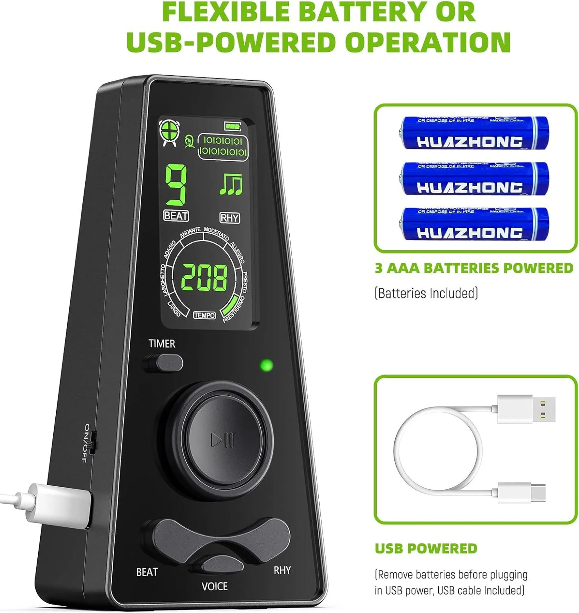 Ein schwarzes Metronom mit Display, das eine Zahl 208 zeigt. Batterien und USB-Kabel daneben.