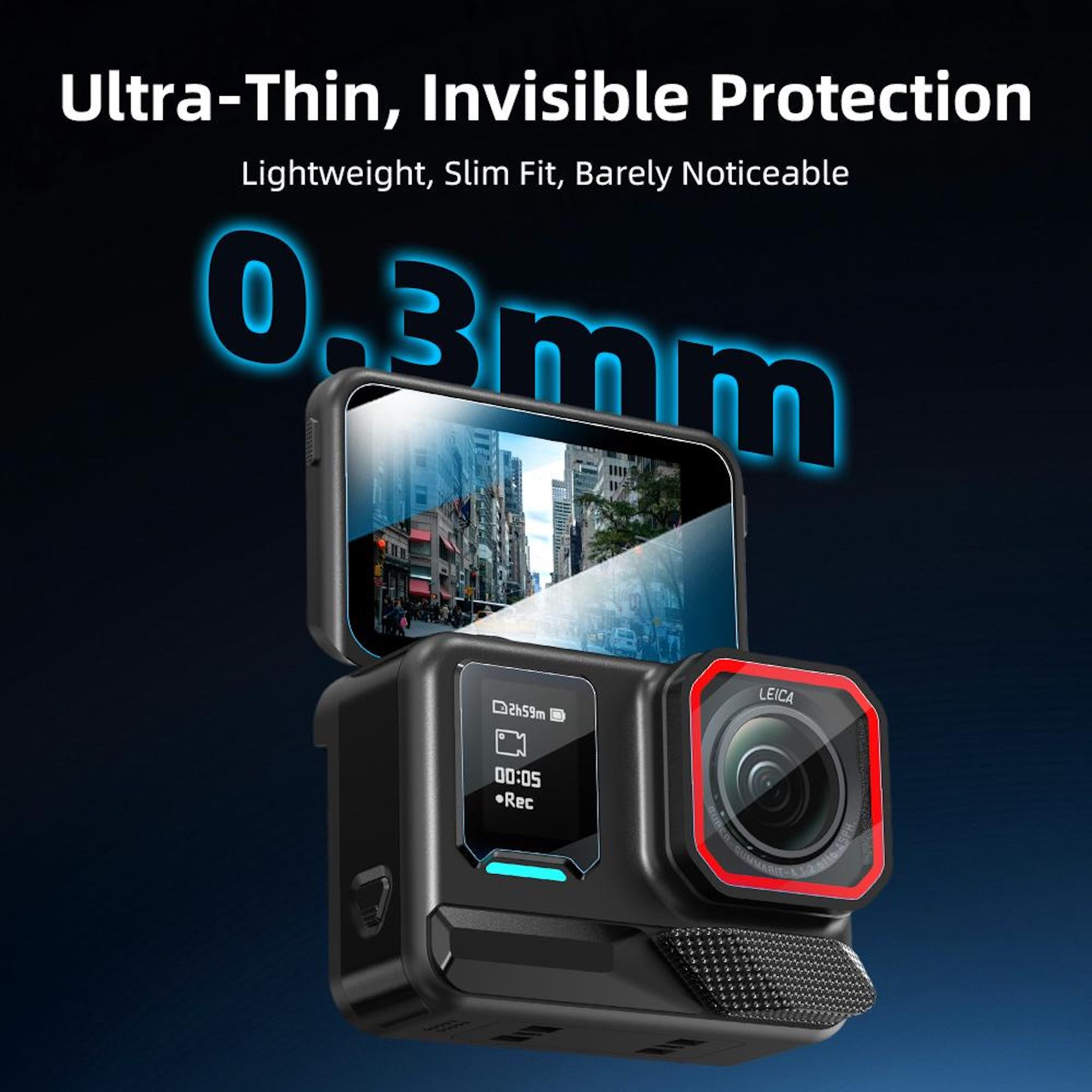 Action camera nera con obiettivo LEICA e display illuminato di blu.