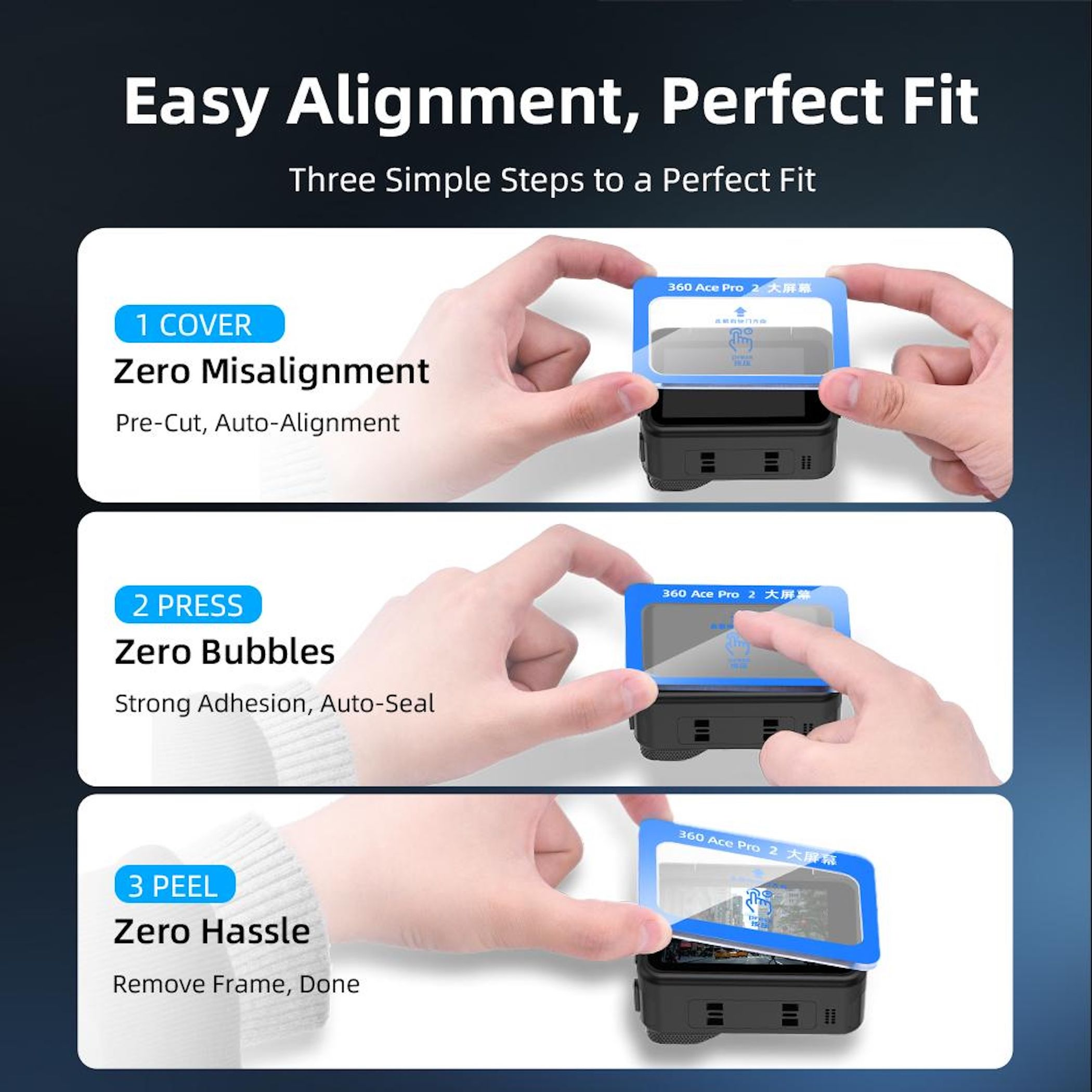Tre passaggi: Coprire, Premere, Sbucciare per facile installazione proteggi schermo.