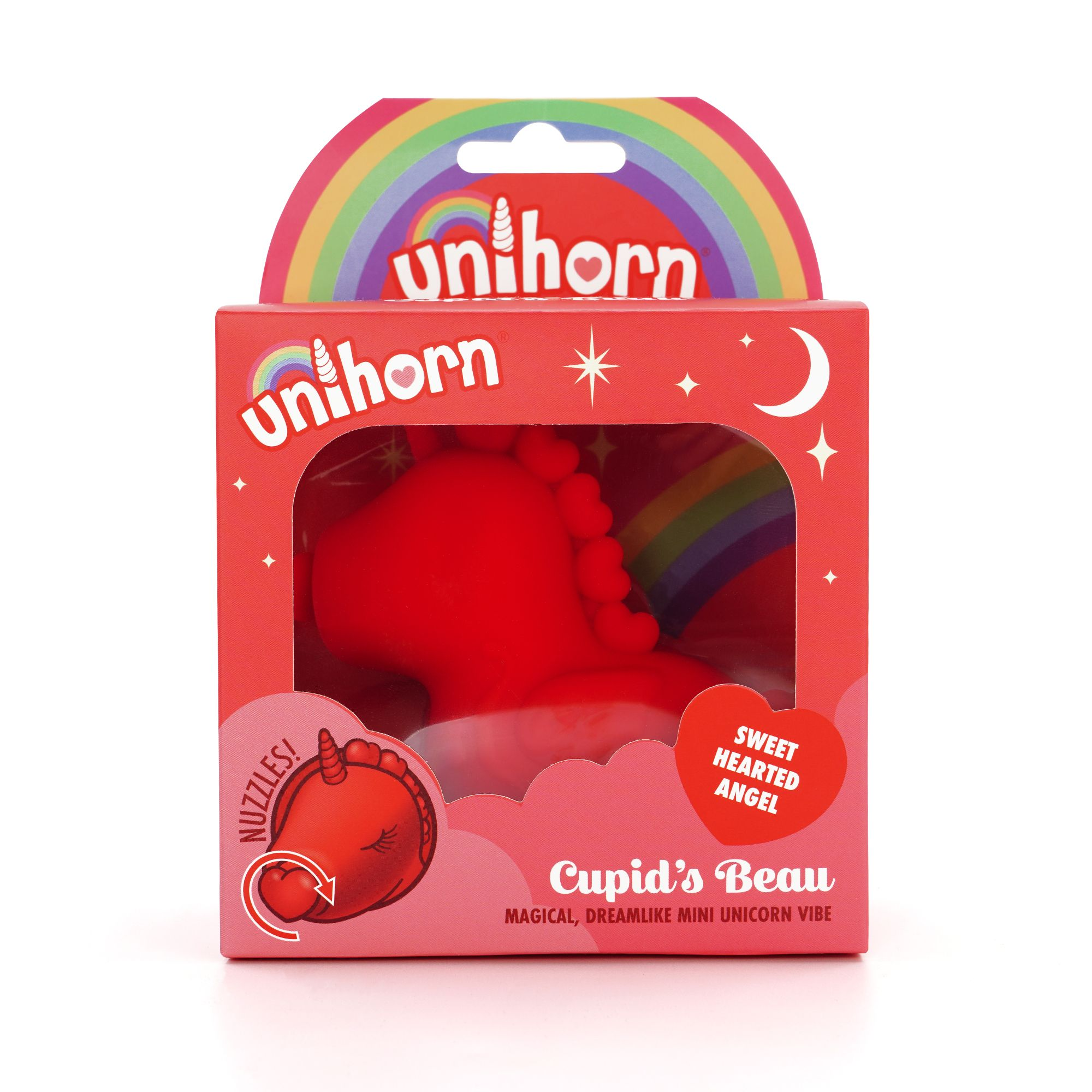 Rote Einhorn-Verpackung mit Regenbogen und Mond. Einhornfuß-Vibe sichtbar.