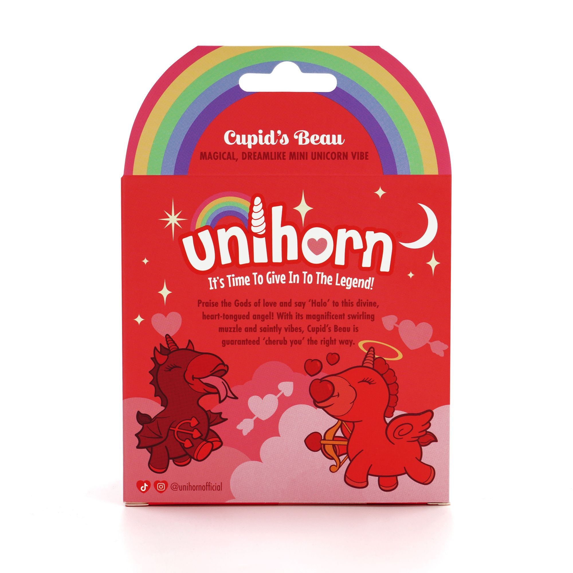 Rote Verpackung mit Regenbogen-Aufdruck, Einhorn-Logo und zwei roten Einhorn-Figuren.