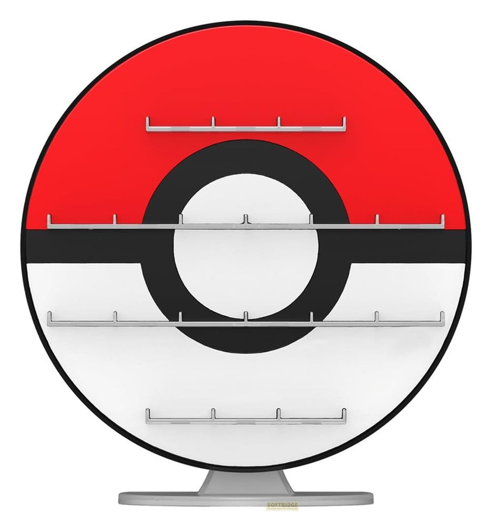 Ein rot-schwarz-weißer Pokeball-Displayständer mit Regalen.