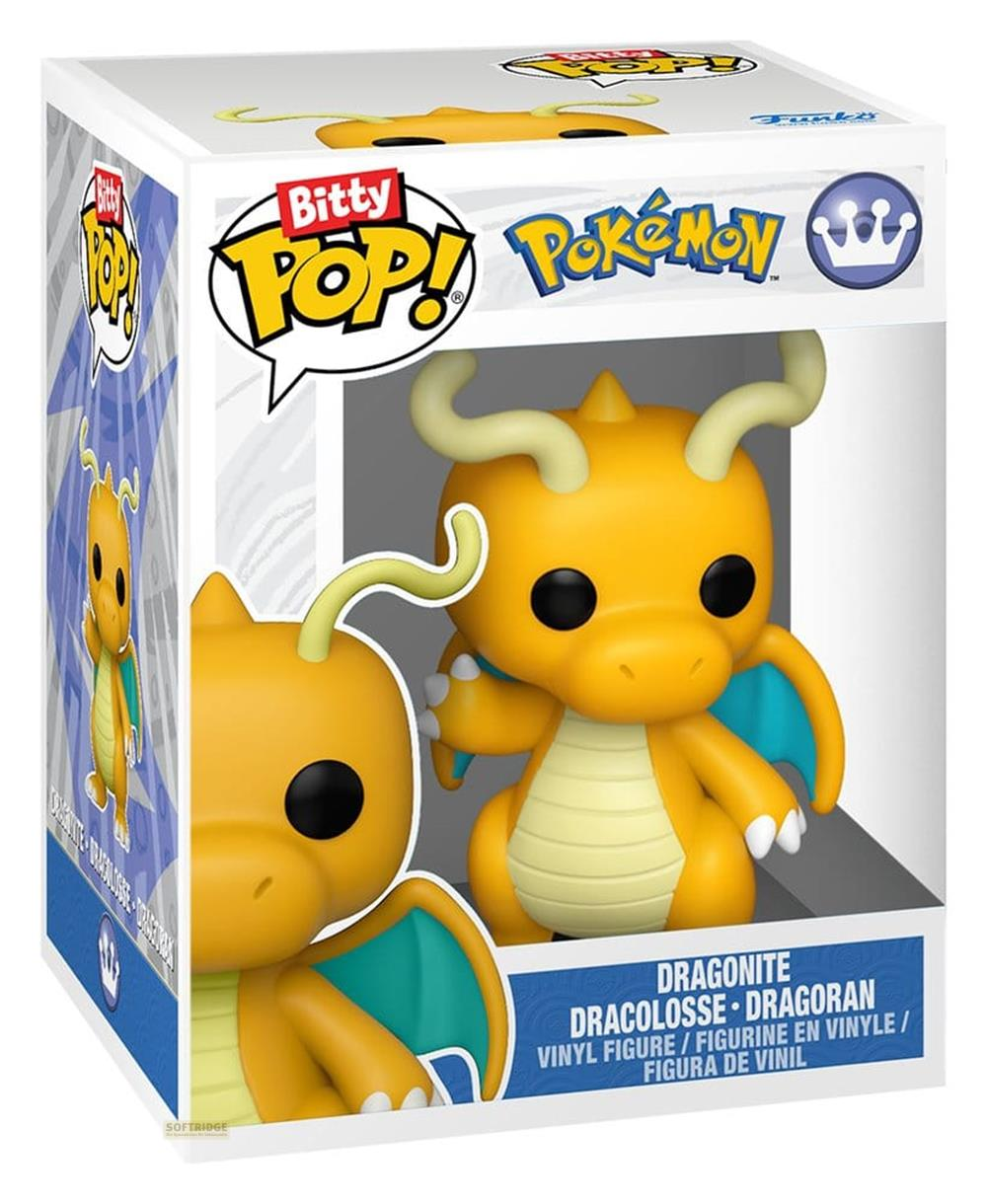 Eine gelbe Drachenfigur von Funko Pop, verpackt in einem Pokémon-Kartondisplay.