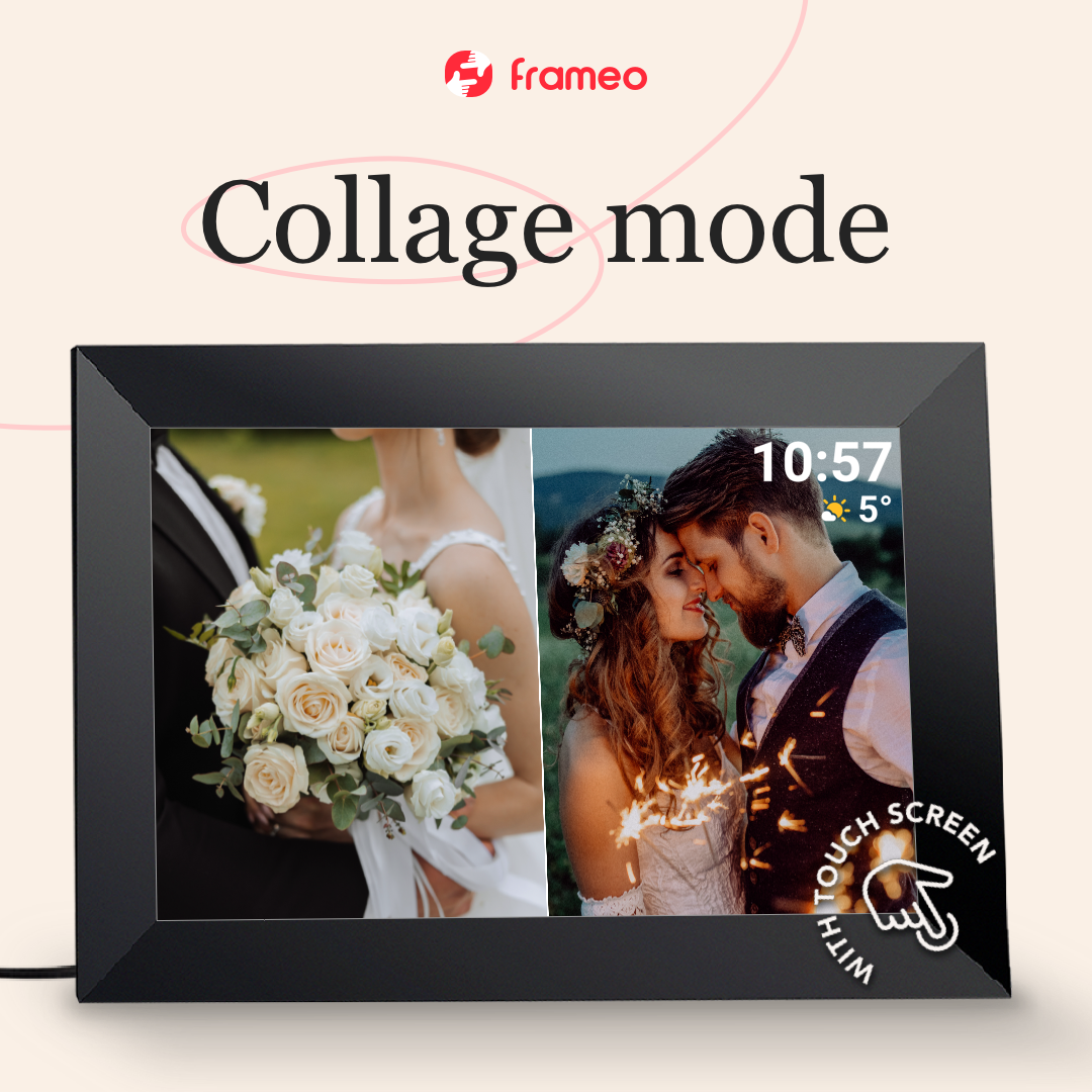 Digitaler Rahmen zeigt Hochzeitscollage: Brautstrauß und Paar. Uhrzeit und Temp. angezeigt.