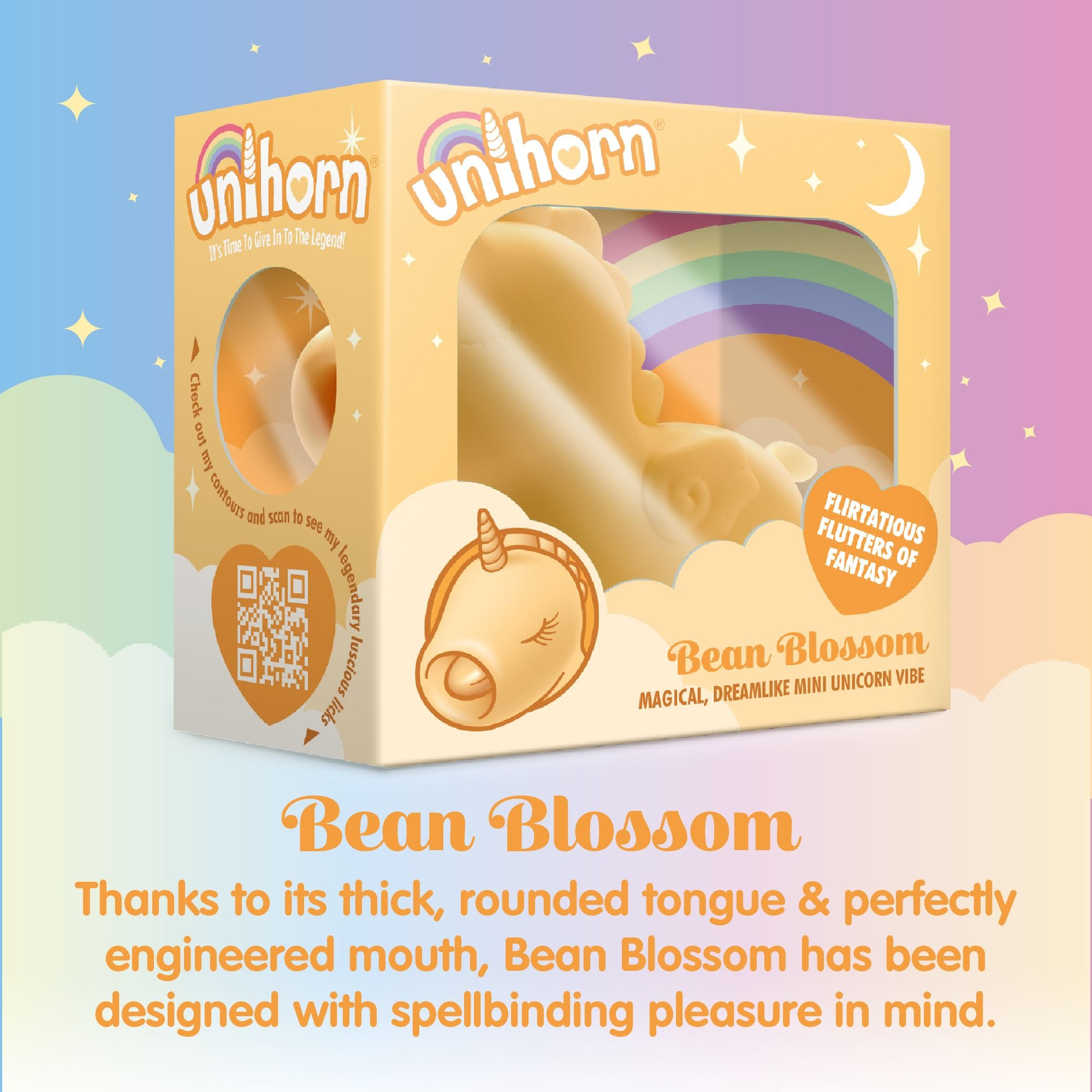Gelber Unikorn-Vibes-Verpackung mit Regenbogen und Sternen.