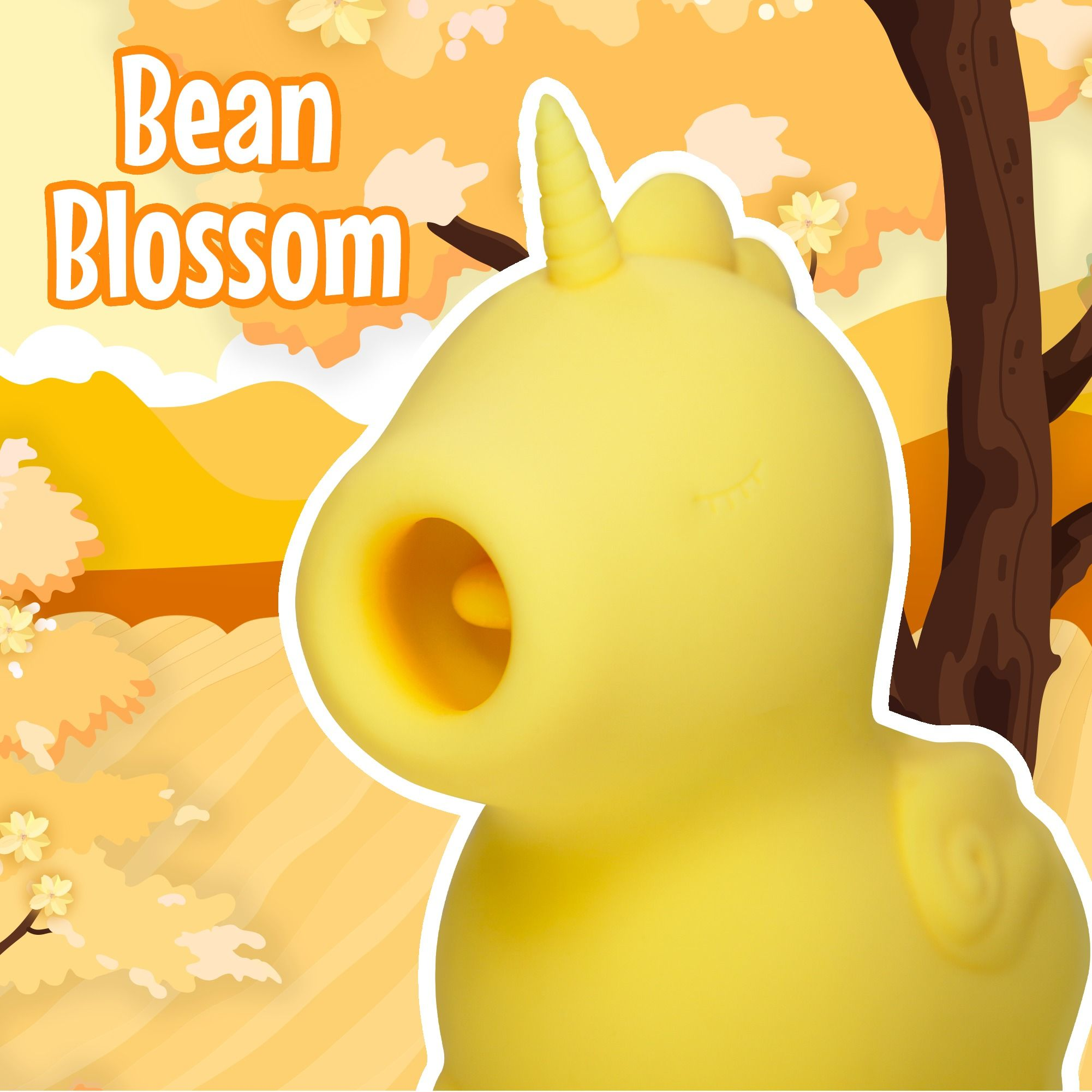 Gelber Einhorn-Fantasie-Hintergrund mit dem Text "Bean Blossom".