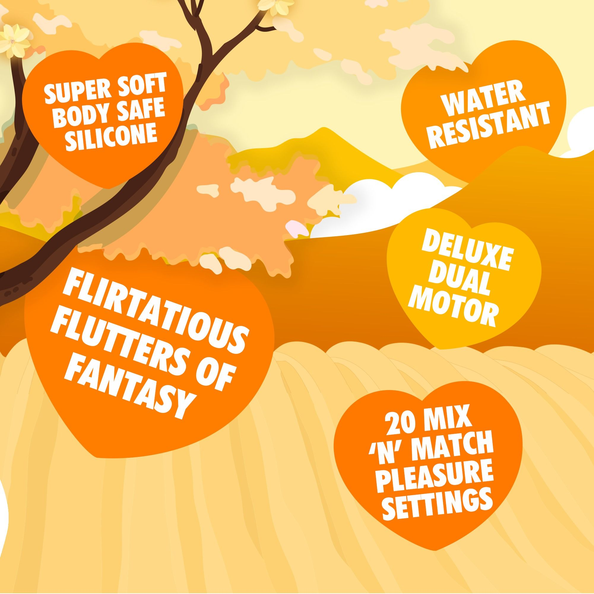 Orange Herzen mit Text: Super weiches Silikon, Wasserabweisend, Deluxe Dual Motor, Flirtende Fantasie-Flutter, 20 Mix-n-Match-Einstellungen.