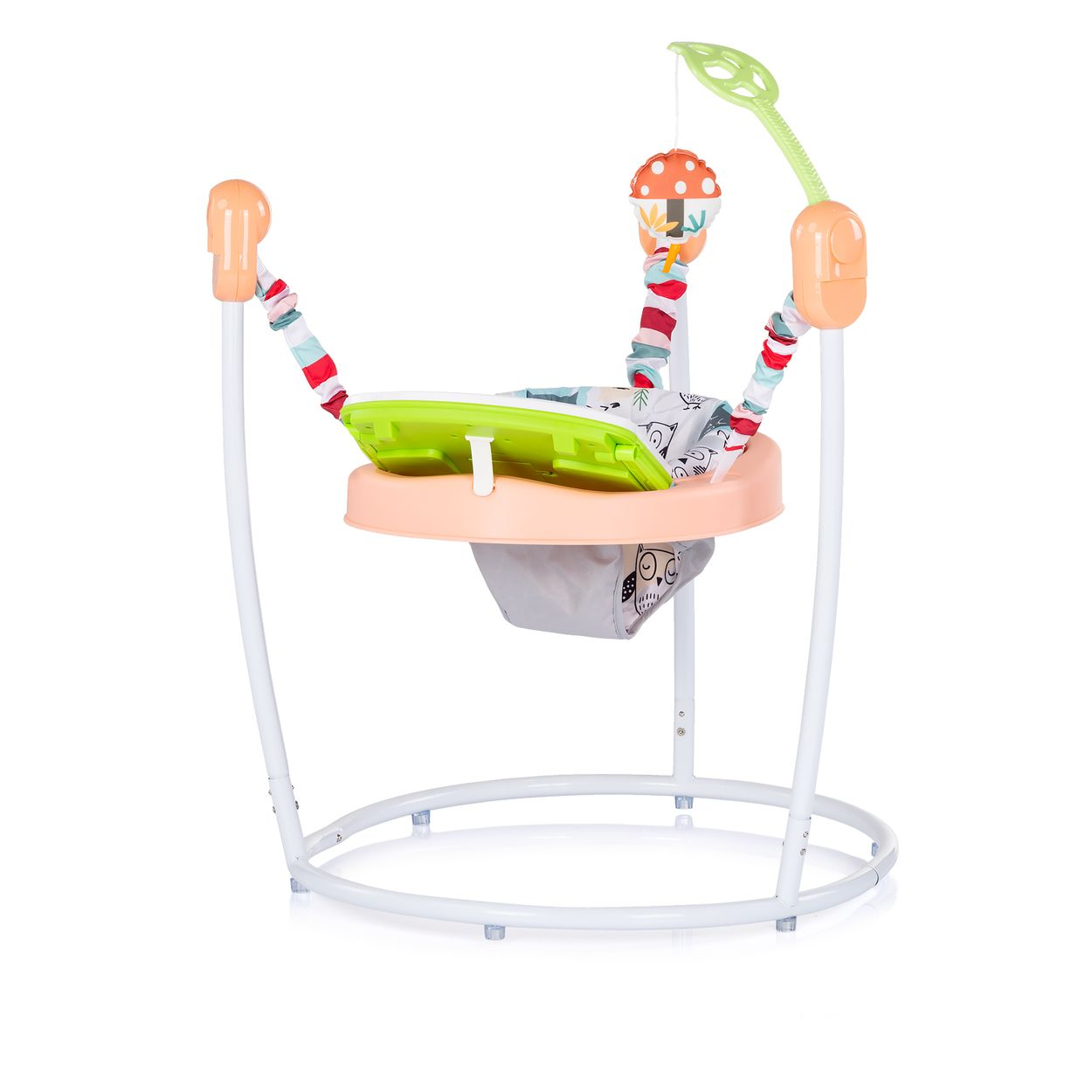 Ein Baby-Jumperoo mit Spielzeug und Stofftieren auf weißem Hintergrund.