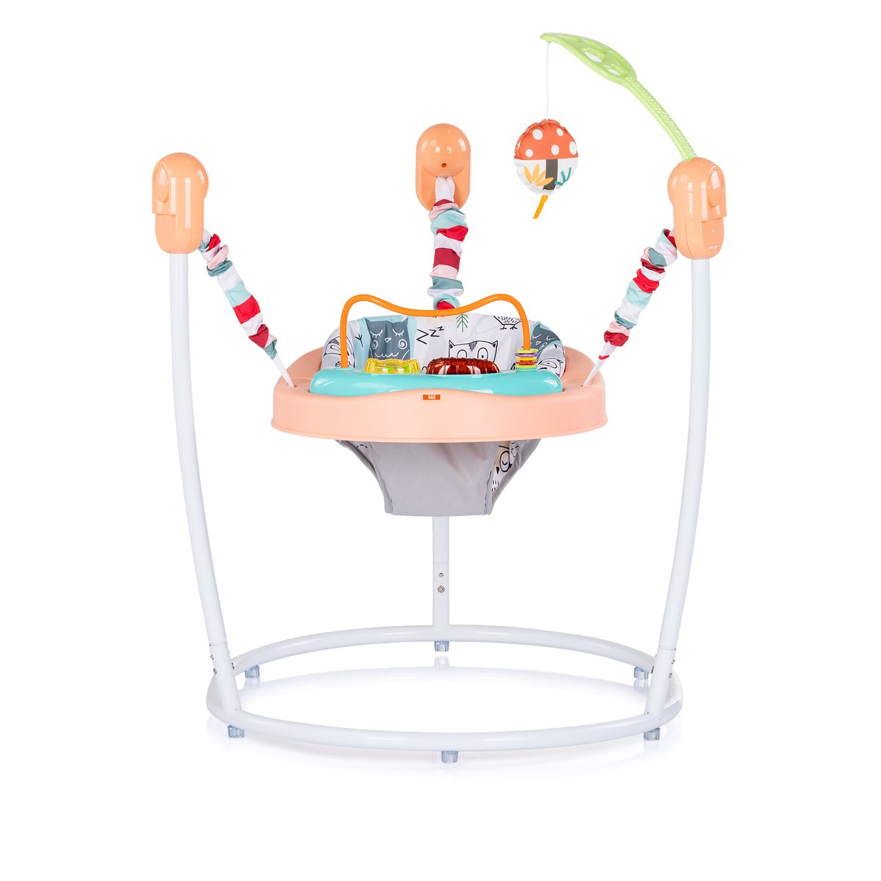 Ein pfirsichfarbener Baby-Jumper mit weißem Rahmen, Spielzeug und gemustertem Sitz.