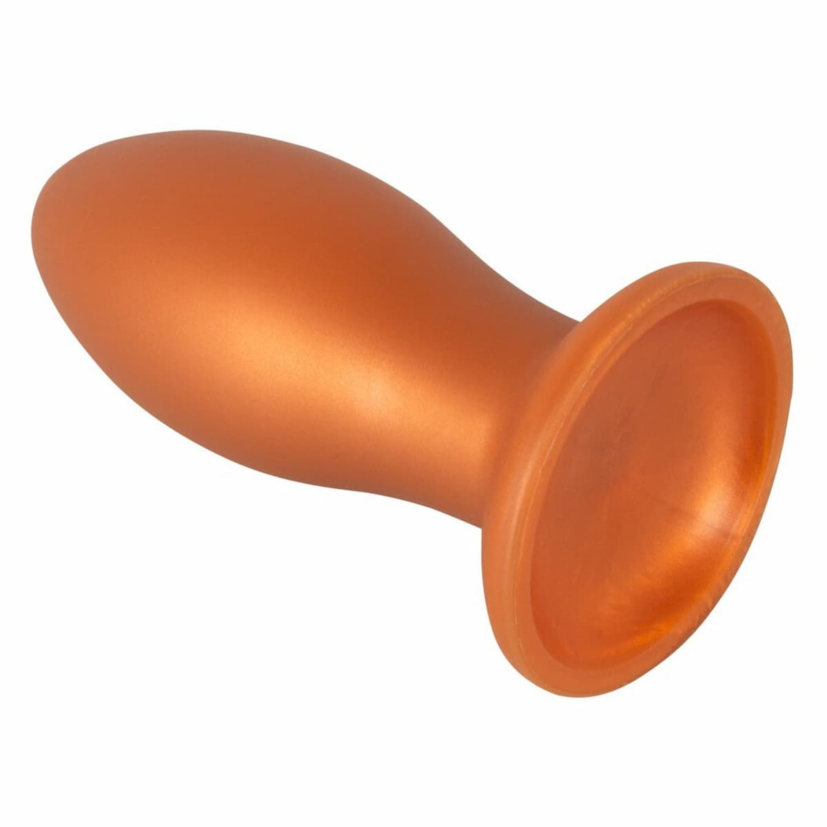 Ein glänzender, tropfenförmiger orangefarbener Gegenstand mit einem Flansch am Ende.