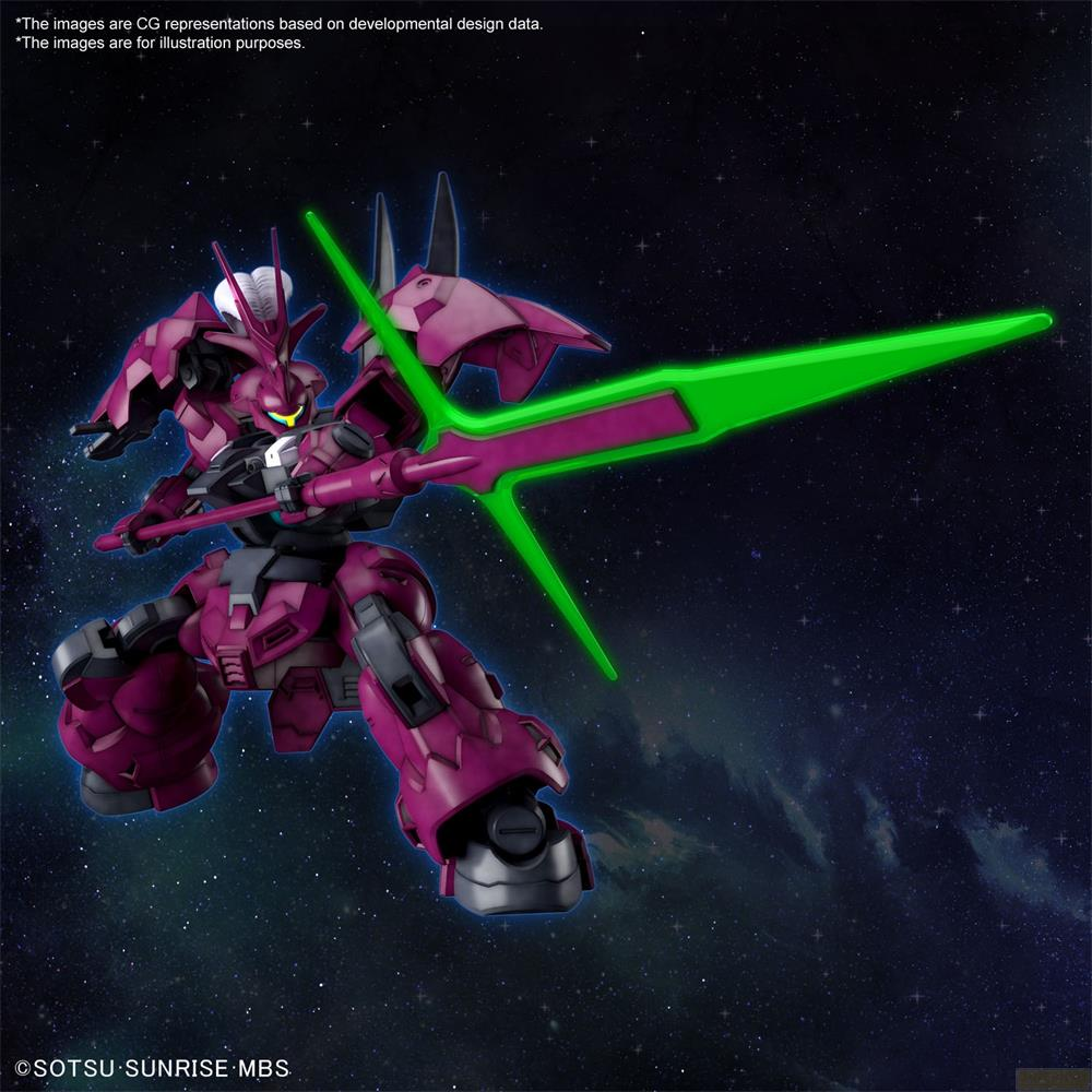Ein pinker Mech mit grüner Klinge steht vor einem Sternenhimmel.
