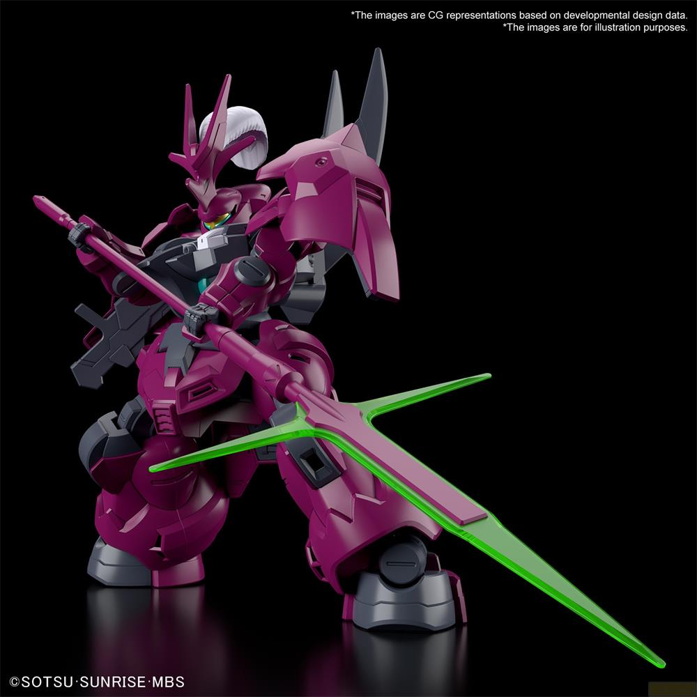 Ein purpurfarbener Mech mit grüner Waffe auf schwarzem Hintergrund.