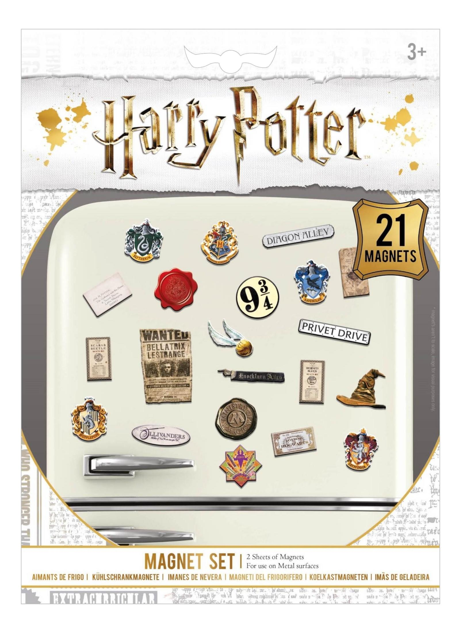 Harry Potter Magnetset mit 21 Teilen auf einem Kühlschrank: Wappen, Schilder, Zauberhut.