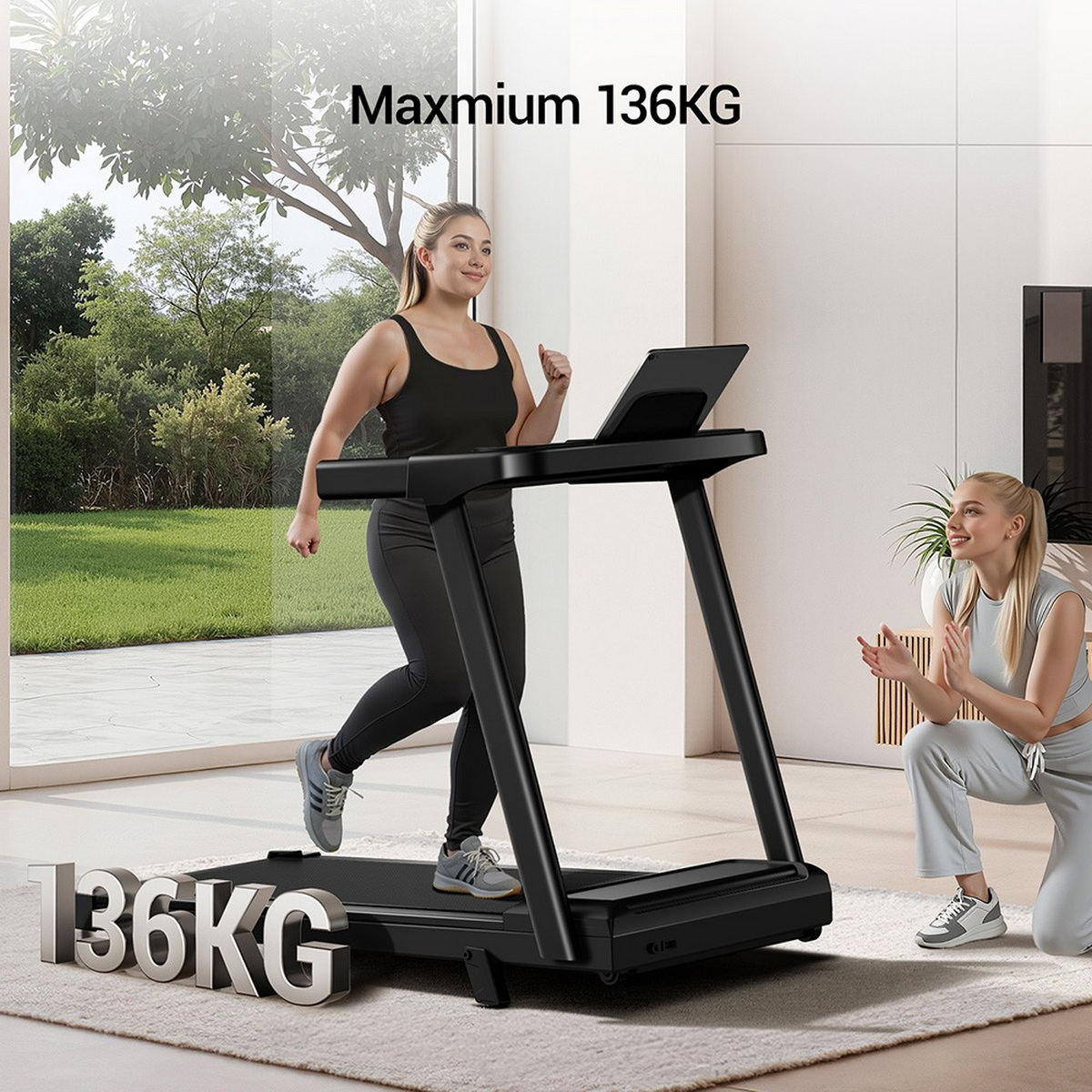 Mujer corriendo en cinta, otra mujer observa. Texto: Máx 136KG.