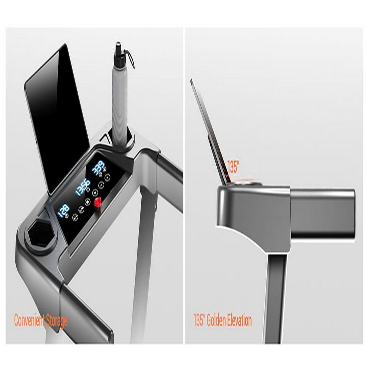 Consola de cinta con tablet, portabotellas y controles. Vista lateral muestra inclinación de 135°.