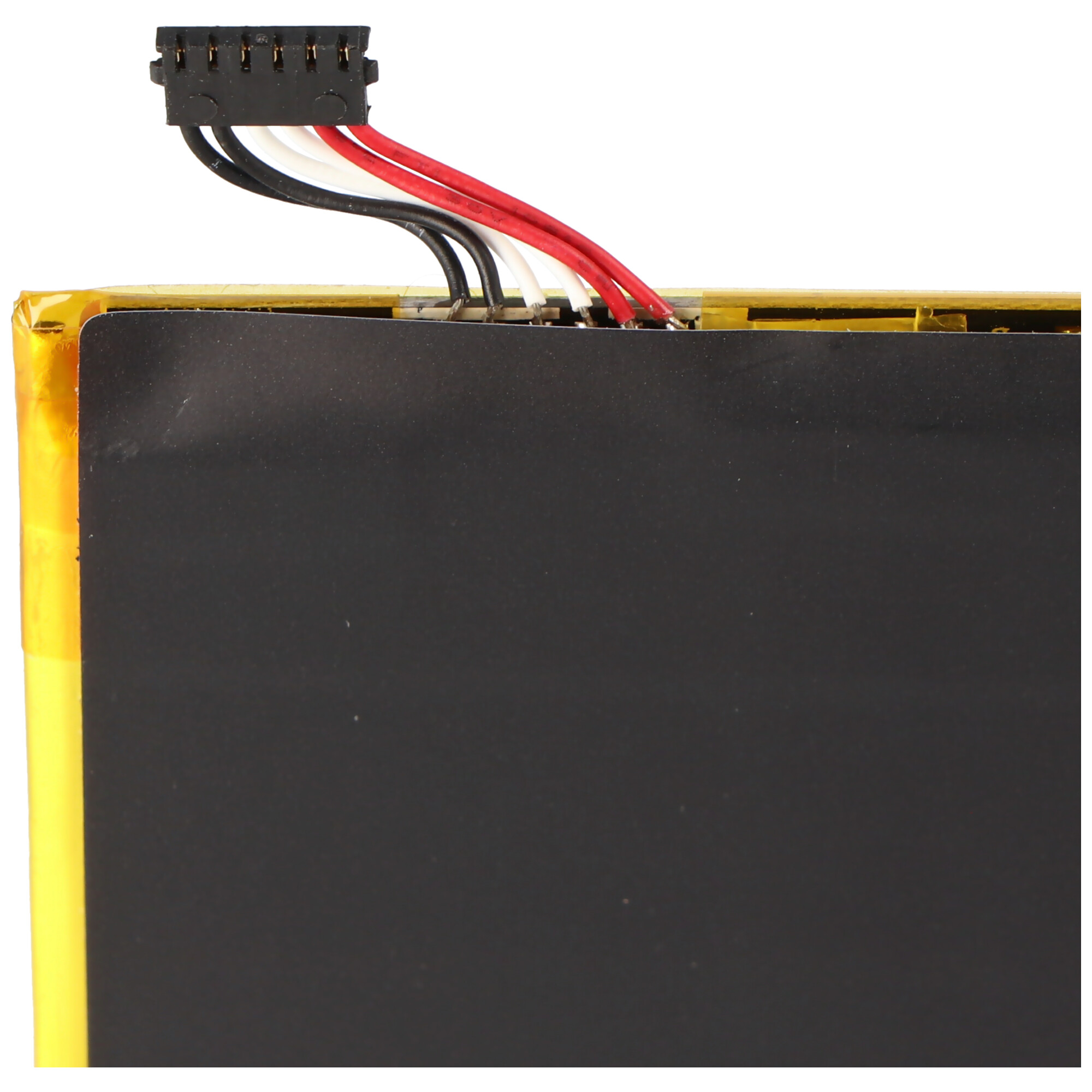 Ein Flachbandkabel mit schwarzen, weißen und roten Drähten ist an einer Batterie befestigt.