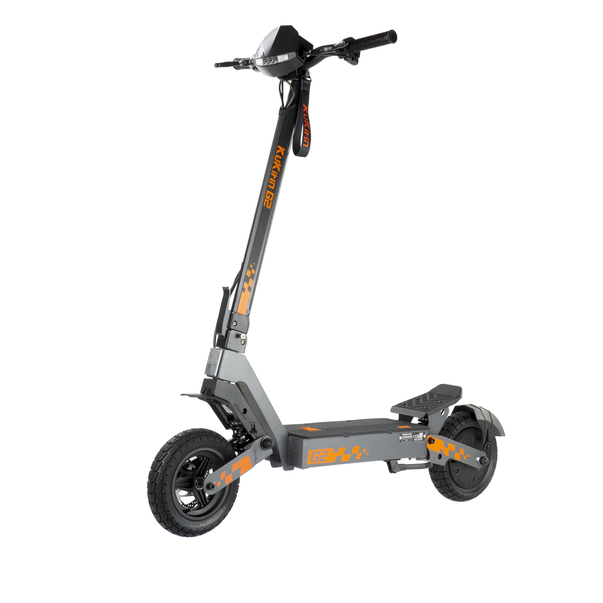 Szara hulajnoga elektryczna z pomarańczowymi akcentami i logo KUKIRIN G2.