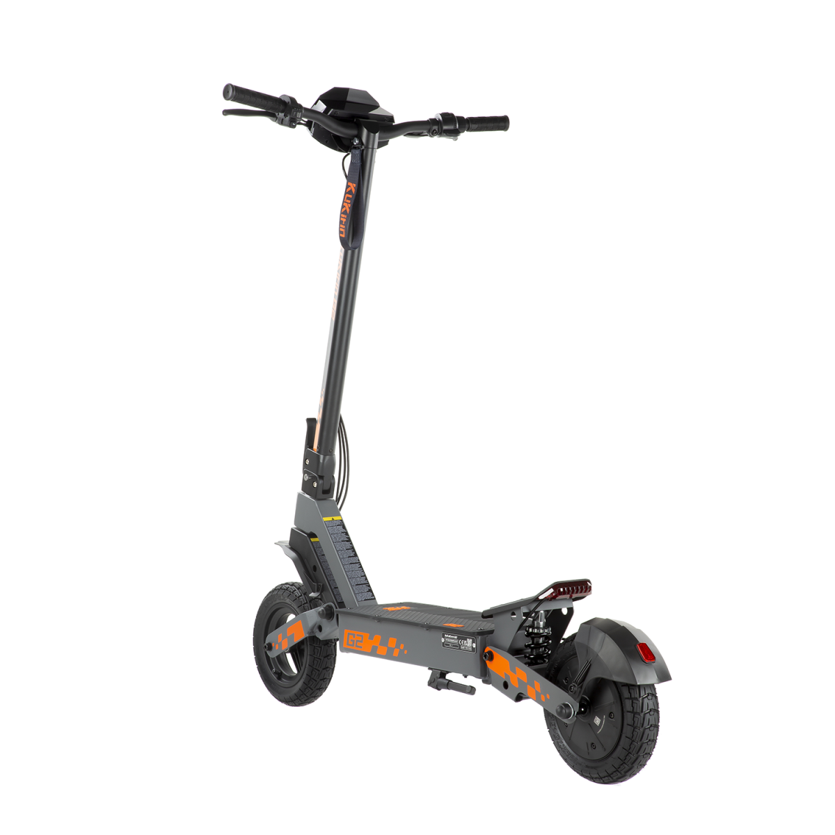 Szara hulajnoga elektryczna z pomarańczowymi akcentami i logo KUKIRIN.