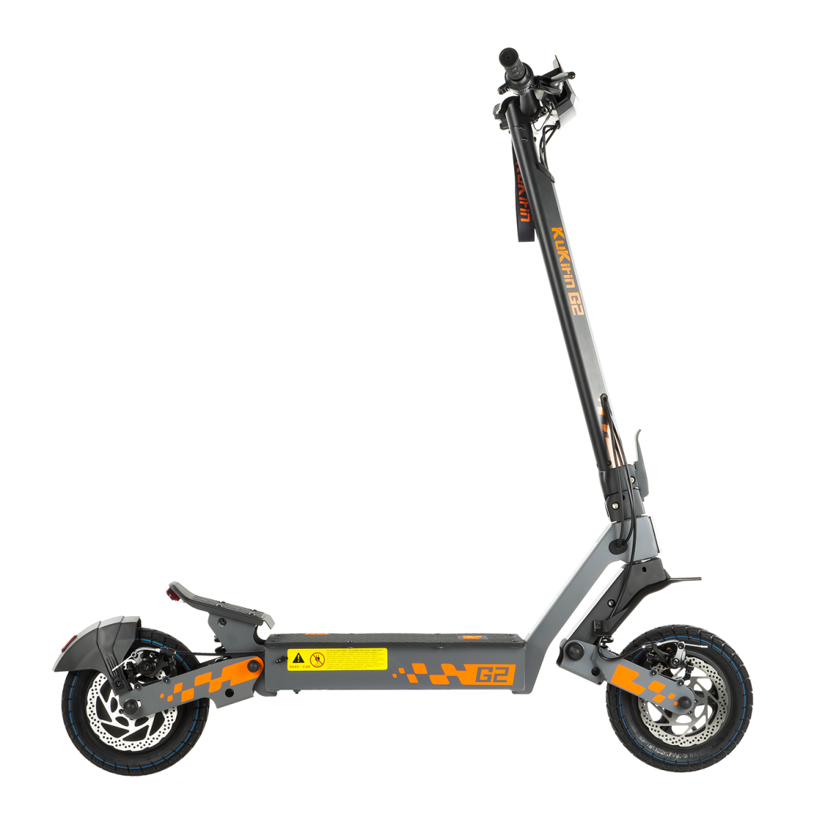 Szara hulajnoga elektryczna z pomarańczowymi akcentami i napisem KUKIRIN G2.