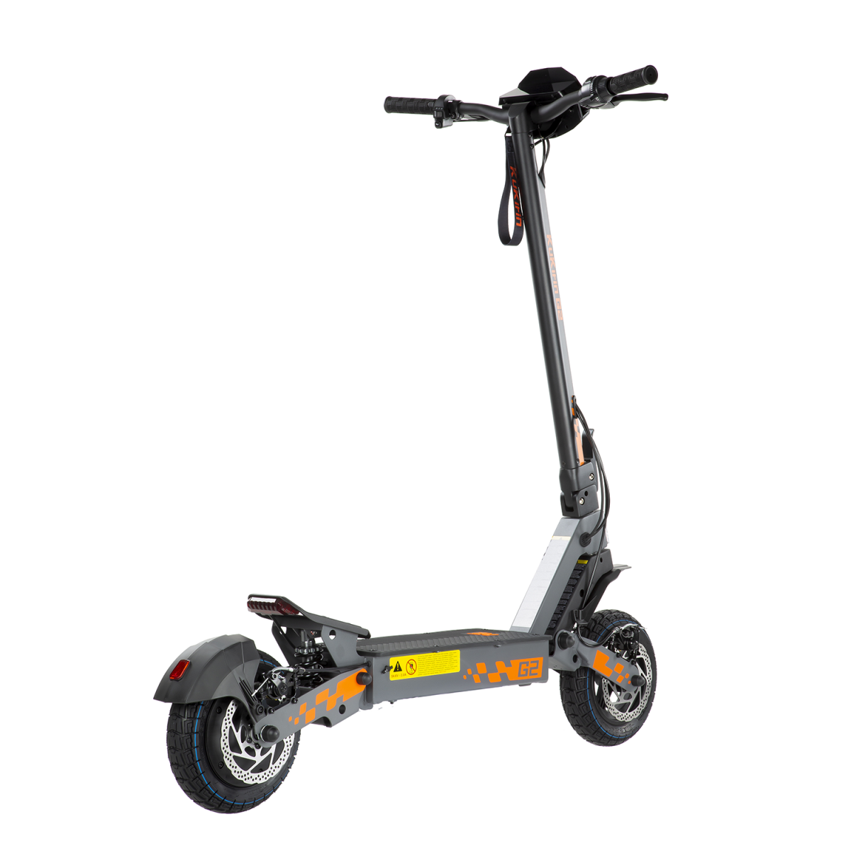 Szara hulajnoga elektryczna z pomarańczowymi akcentami i czarną kierownicą.