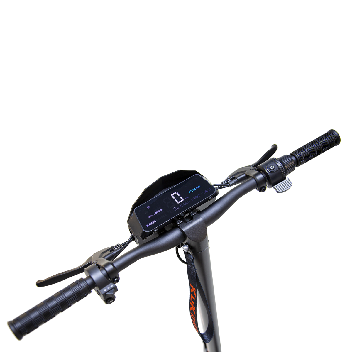 Kierownica hulajnogi elektrycznej z cyfrowym wyświetlaczem i uchwytami.