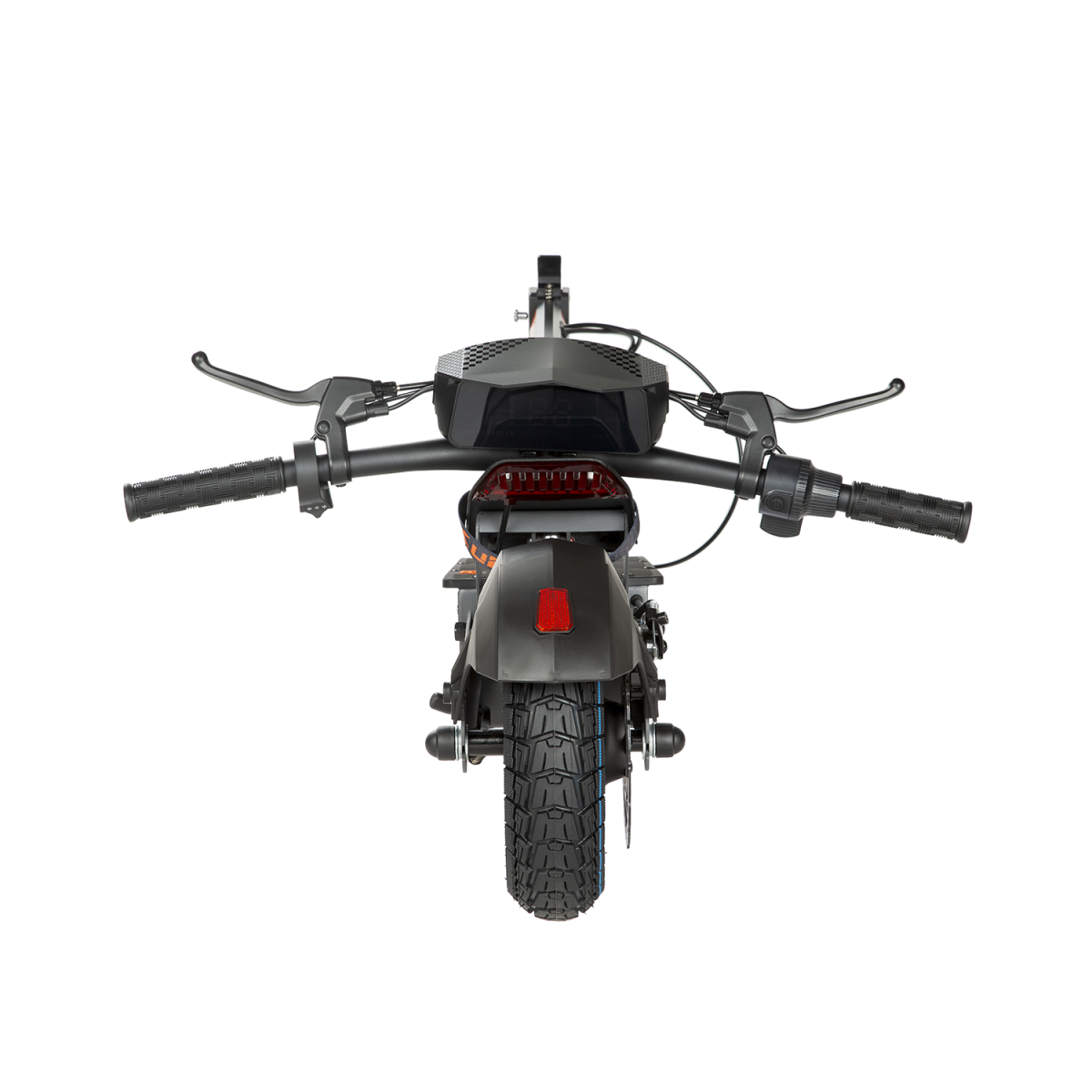 Widok z tyłu czarnego skutera elektrycznego z szeroką oponą i tylnym światłem.