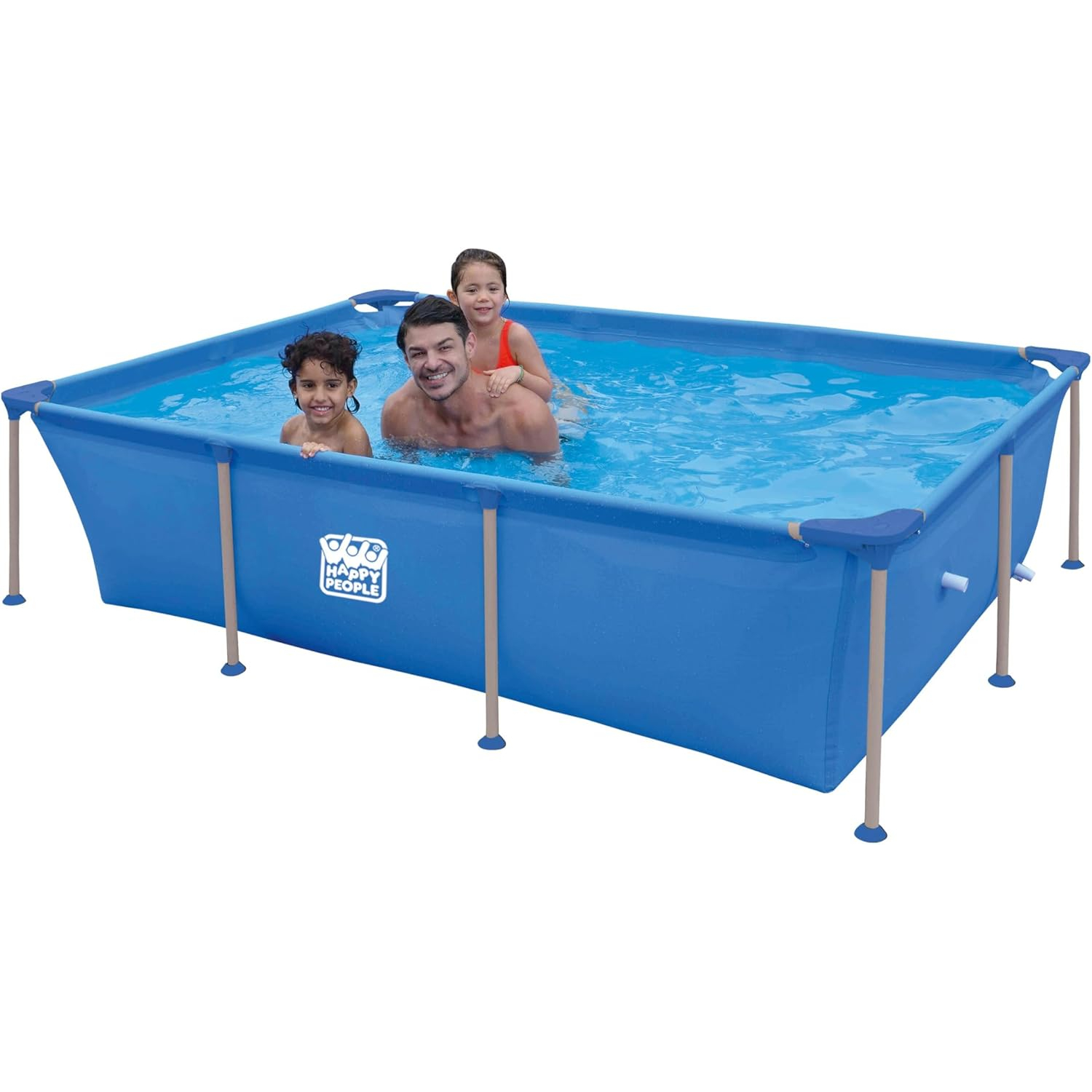 Ein Mann und zwei Kinder planschen in einem rechteckigen, blauen Aufstellpool.