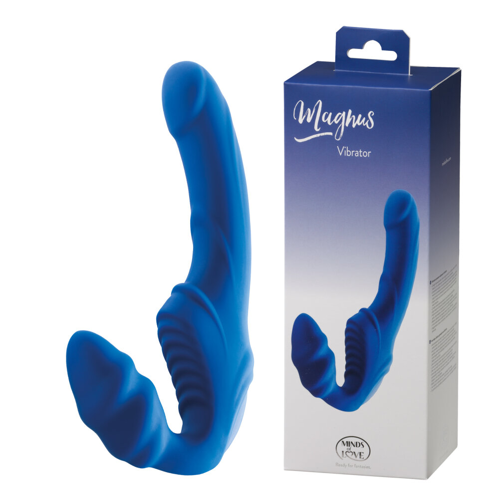 Ein blauer Vibrator und seine Verpackung.