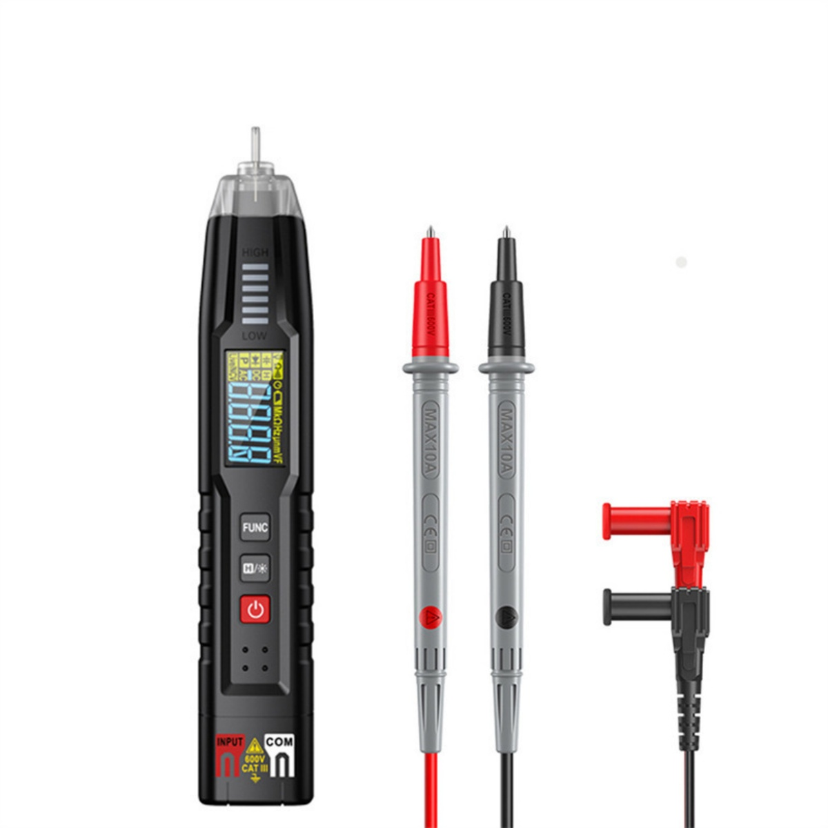 Ein schwarzes Multimeter mit einem digitalen Bildschirm und Zubehör, darunter zwei Messleitungen und ein Klemmenadapter.