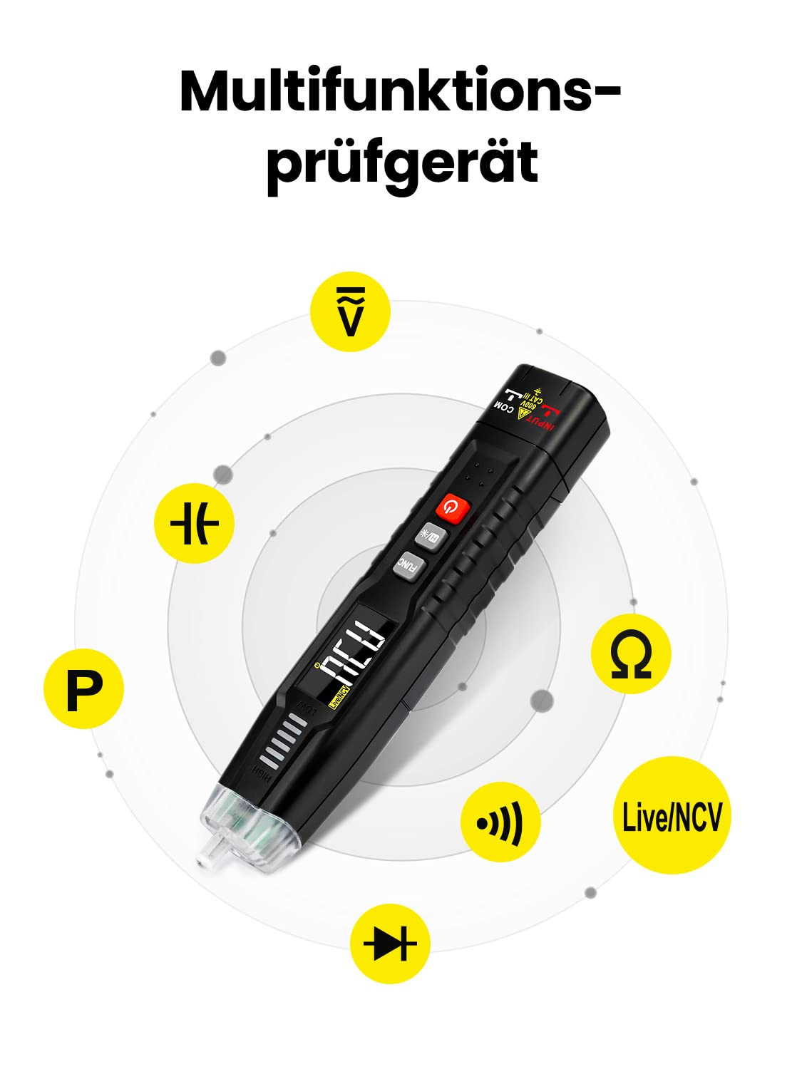 Ein schwarzes Multifunktions-Prüfgerät mit Symbolen für Spannung, Widerstand, Diode, Frequenz, Live/NCV.