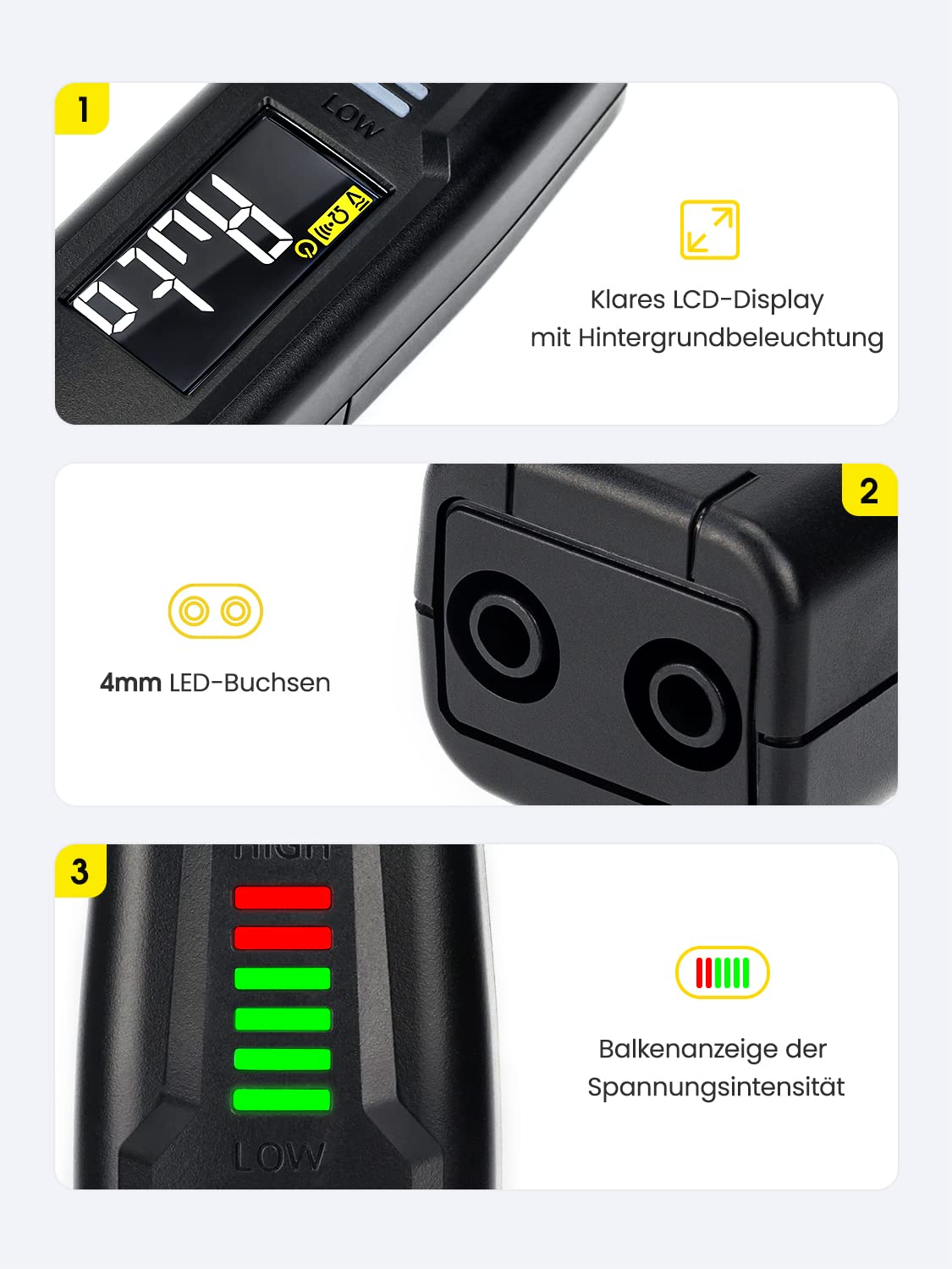 Gerät mit LCD-Display, 4mm Buchsen und Balkenanzeige.