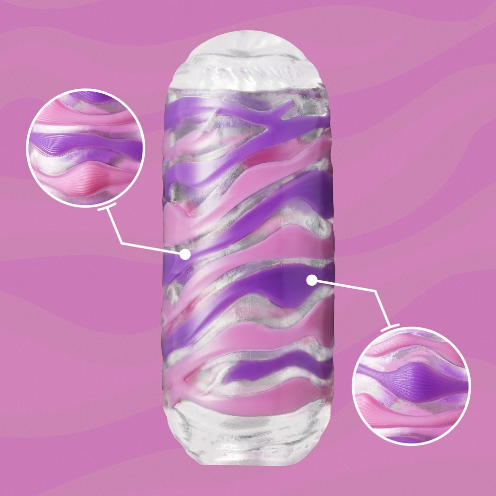 Eine texturierte Silikonhülle mit rosa und violetten Wellenstreifen.