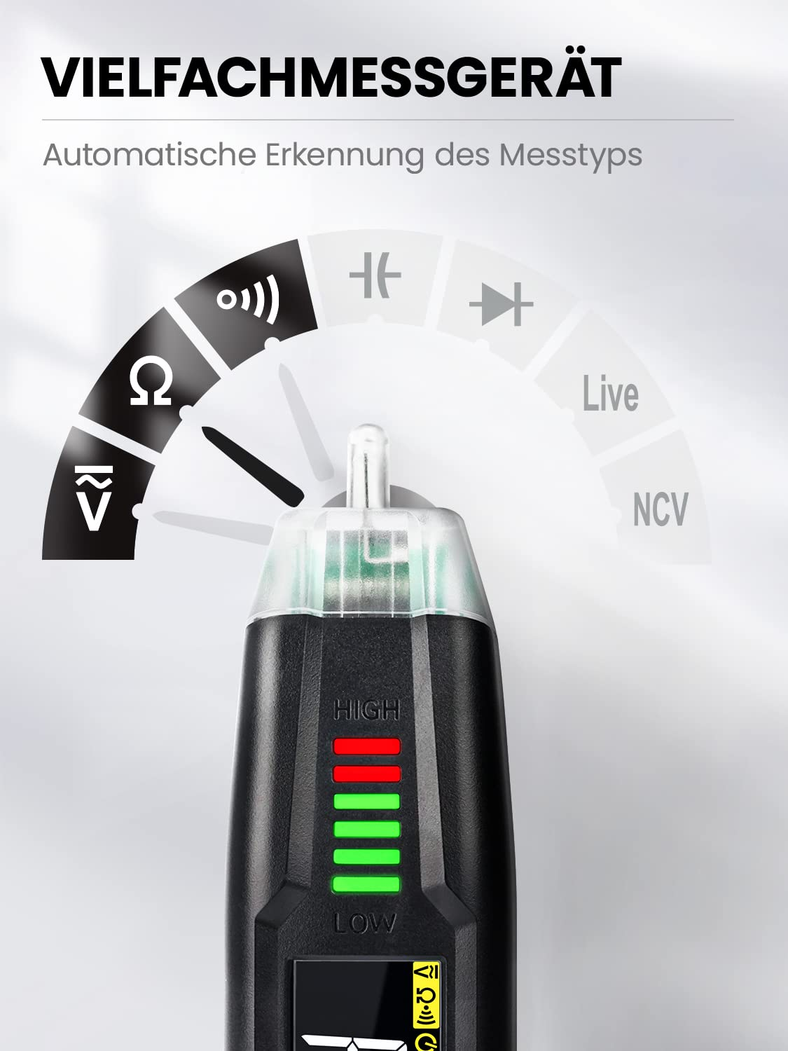 Ein schwarzes Multifunktionsmessgerät mit Ladeanzeigen und Symbolen für Messmodi.