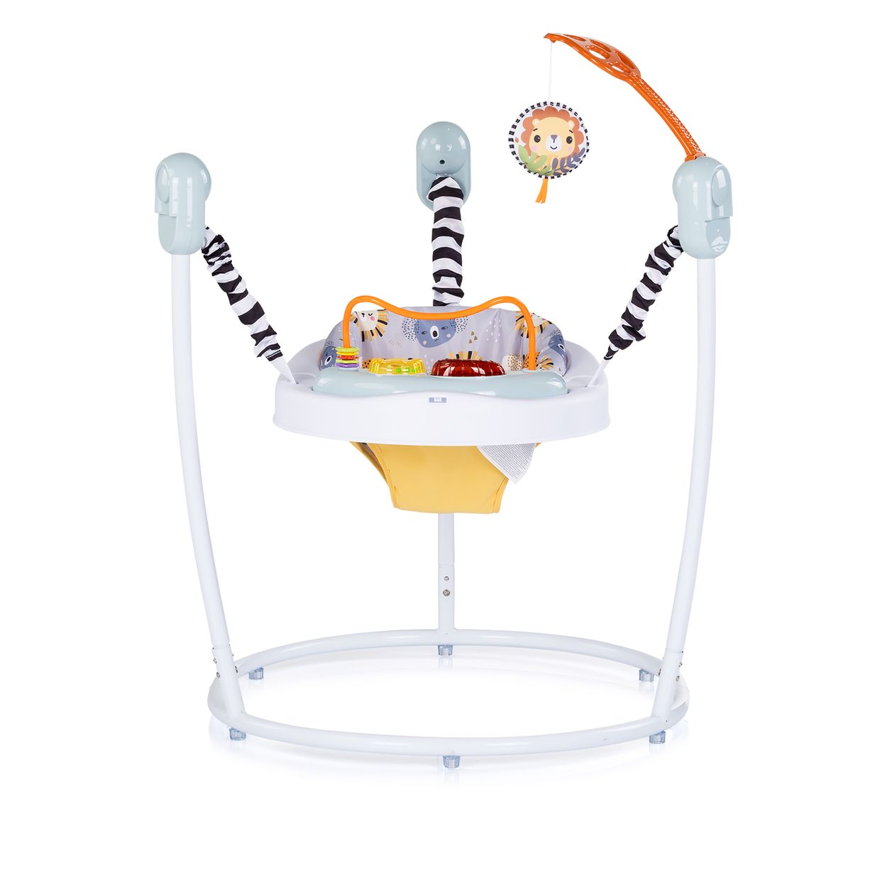 Ein weißer Baby-Jumper mit gelbem Sitz und Spielzeug. Mit Tiermotiven und Zebra-Akzenten.
