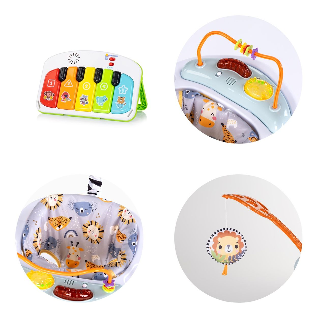 Ein Baby-Spielcenter mit Klavier, Spielzeug und Tiermotiven.