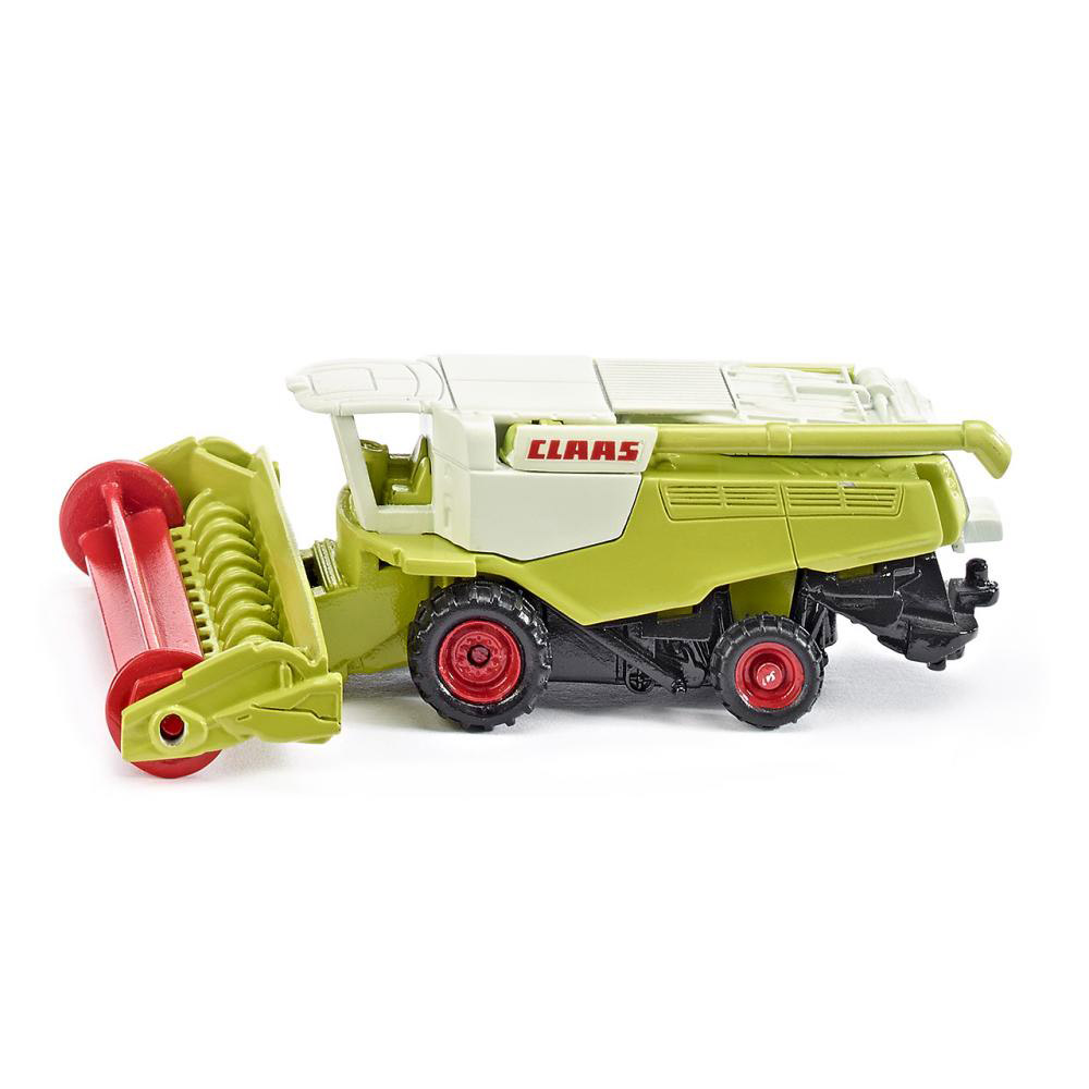 Ein grüner und beiger Claas Mähdrescher im Spielzeugformat mit roter Ernteeinheit.