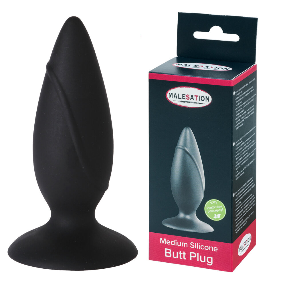 Schwarzer Silikon-Butt-Plug neben seiner Verpackung mit Produktbild.