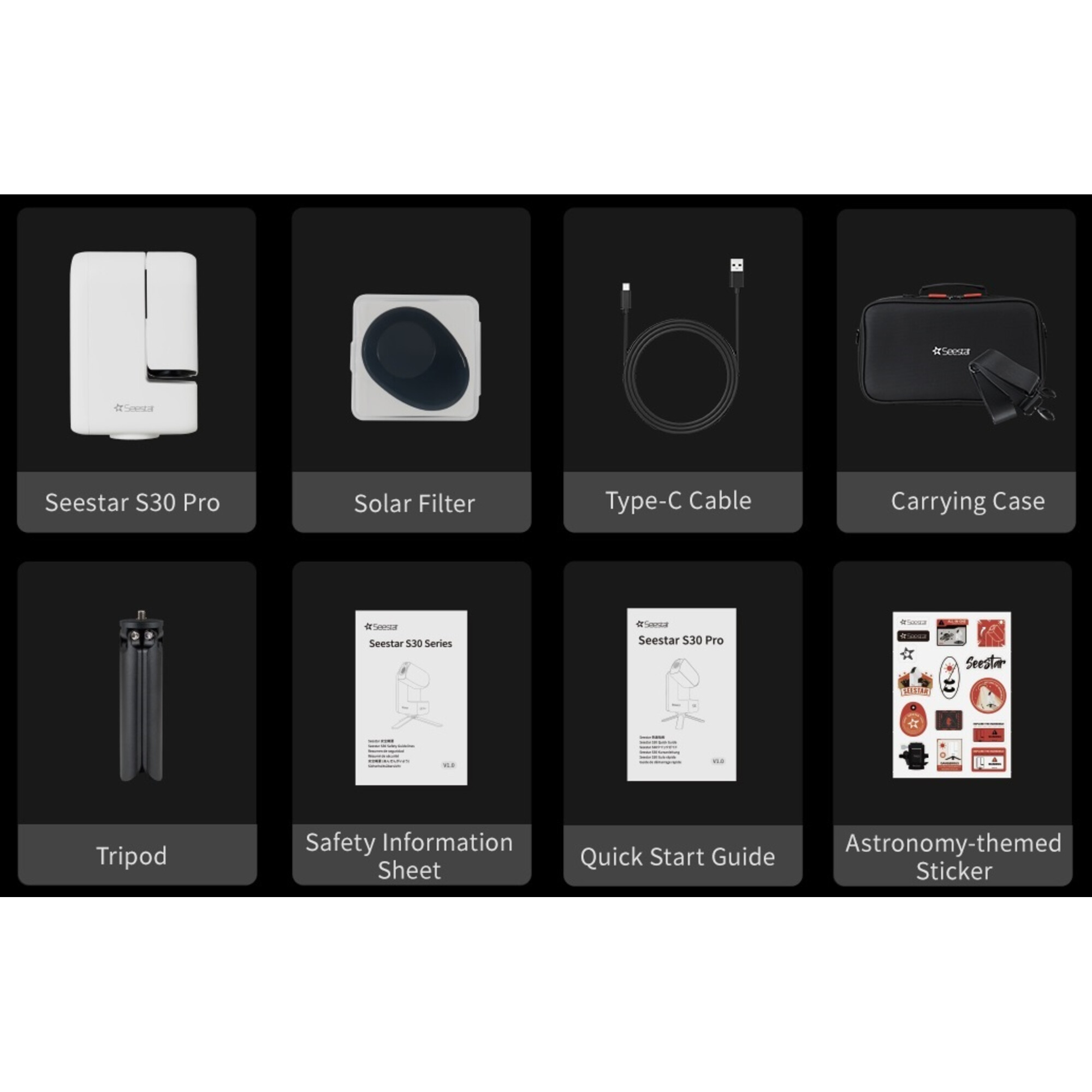 Seestar S30 Pro, filtro solar, cable Tipo-C, funda, trípode, hoja de seguridad, guía rápida, pegatinas